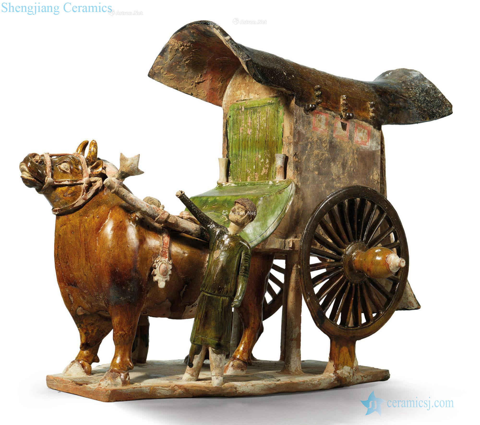 sui Green and brown glazed oxcart hu RenYong coloured drawing or pattern