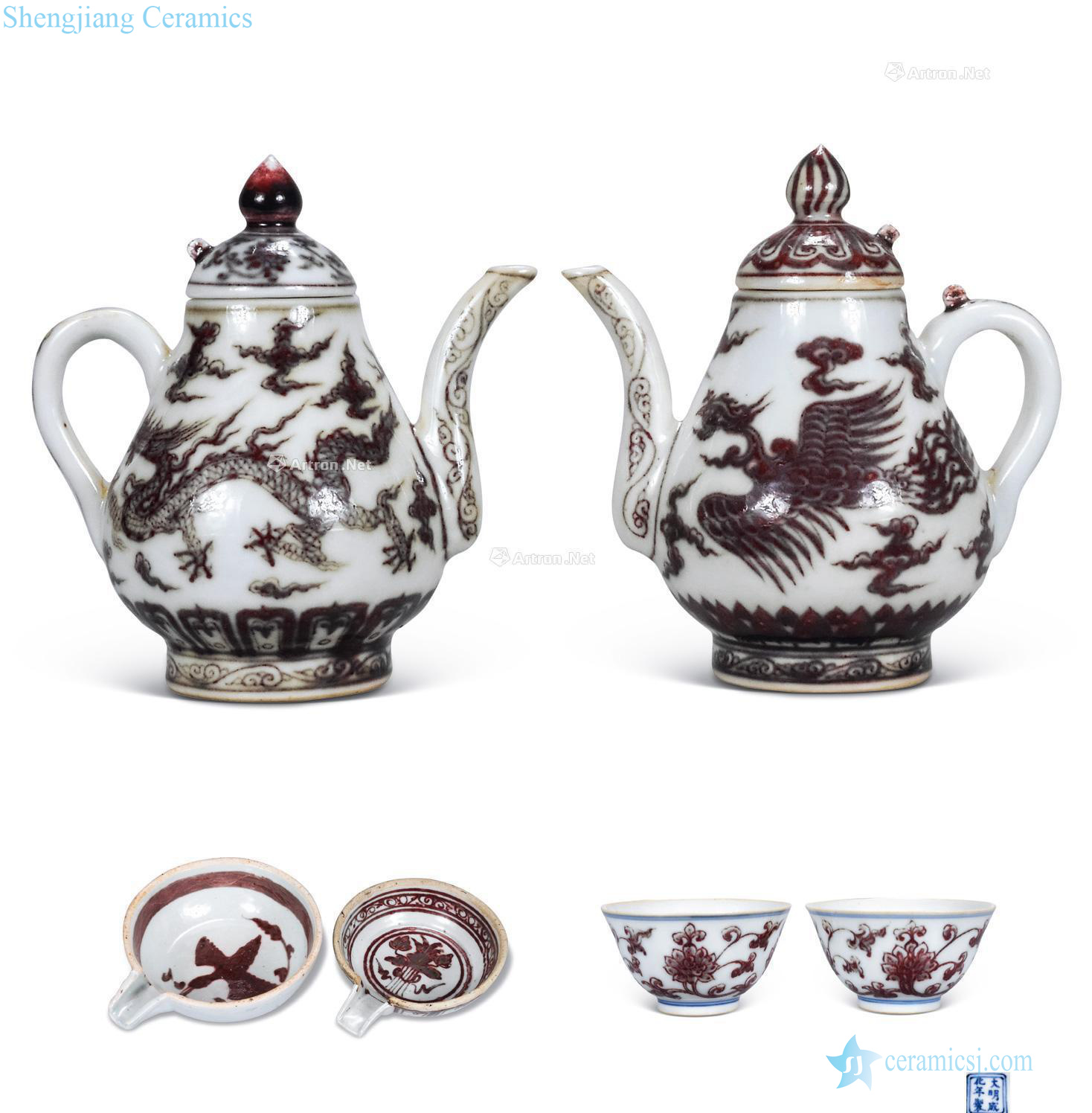 The late qing qing yuan Youligong longfeng grain teapot a pair of imitation doucai youligong red-violet pattern cup a couple Two youligong water jar