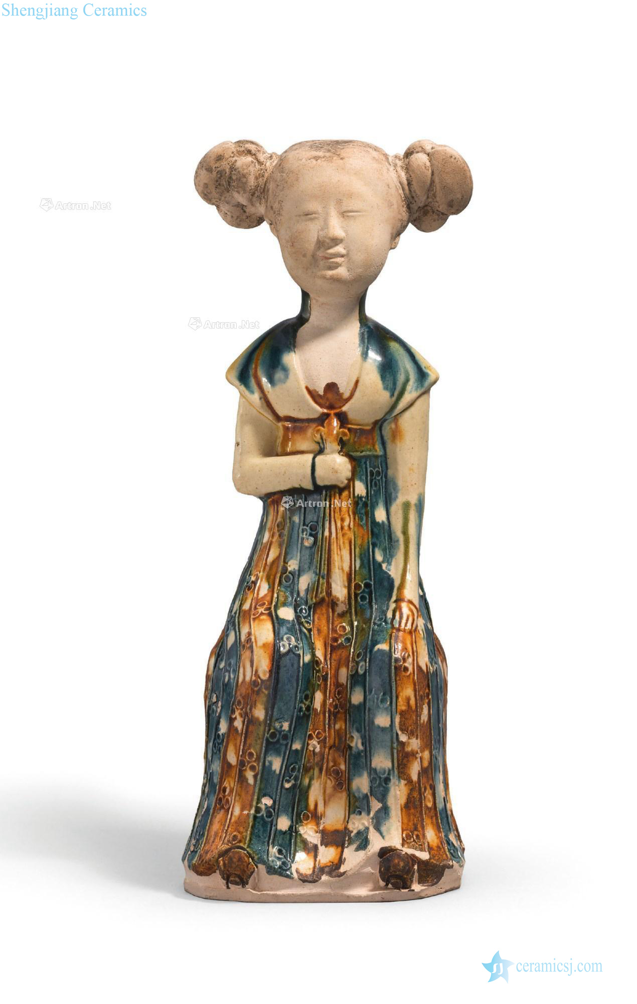 The tang dynasty The blue glaze three-color lady sitting lady