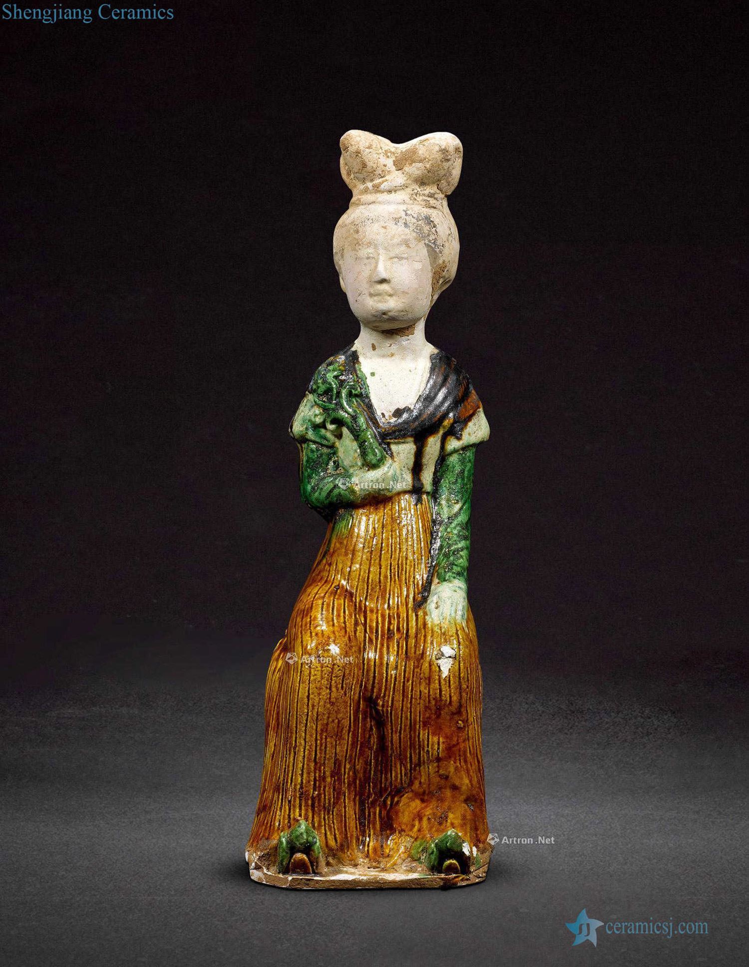 The tang dynasty Three-color ladies sitting drum figurines