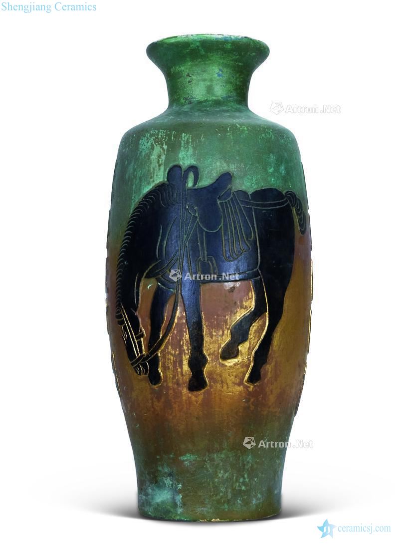 Tang willow bottle green glaze gold embossed steeds inscriptions