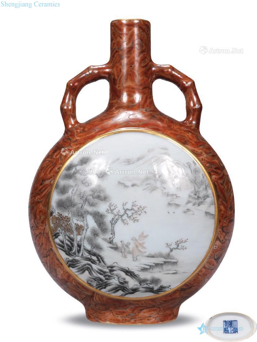 Qing imitation wood glaze flat pot medallion color ink landscape characters