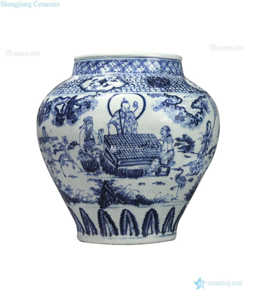 Ming dynasty blue and white coats game figure the big pot