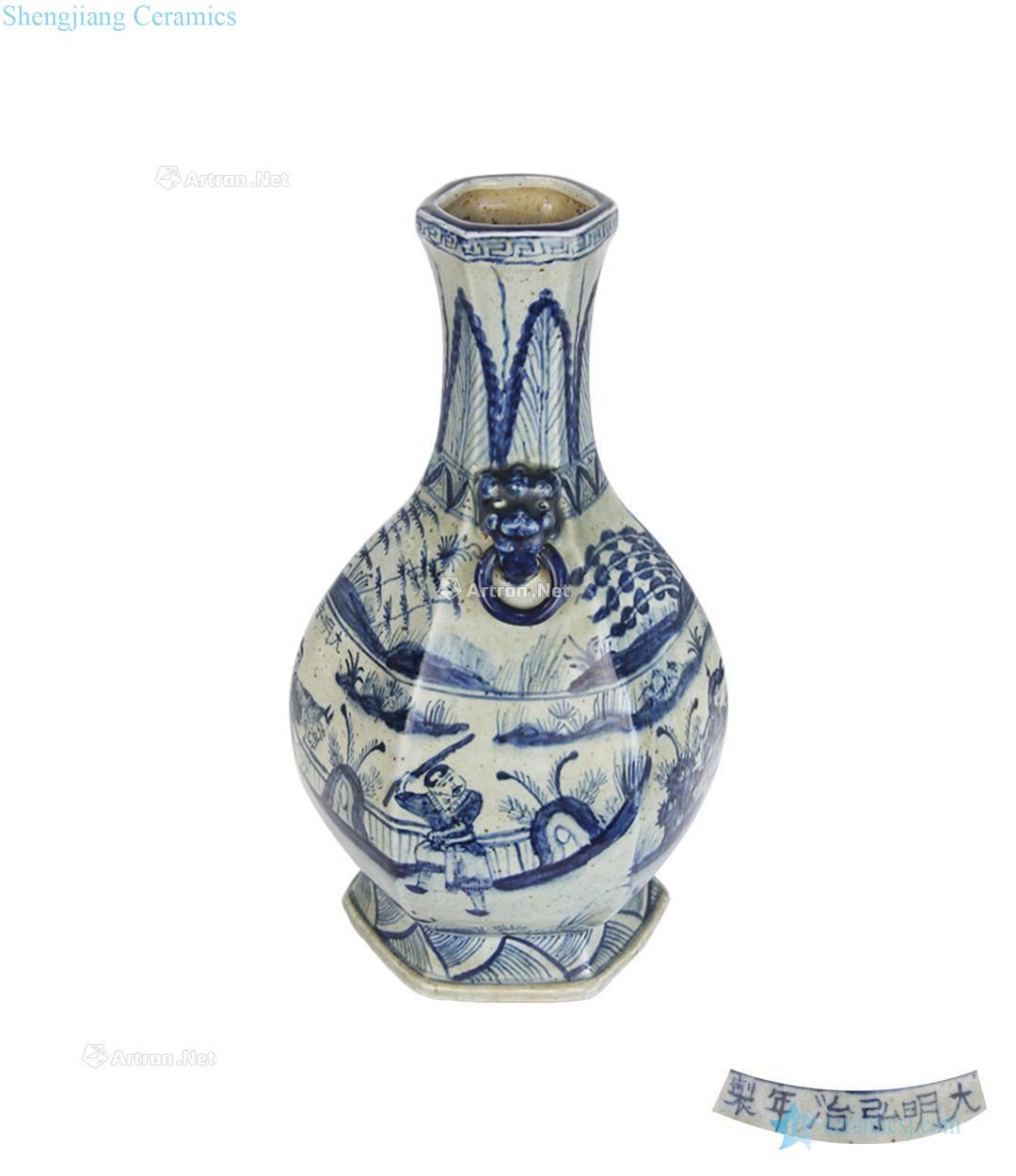 hongzhi Blue and white bottle with six arrises characters