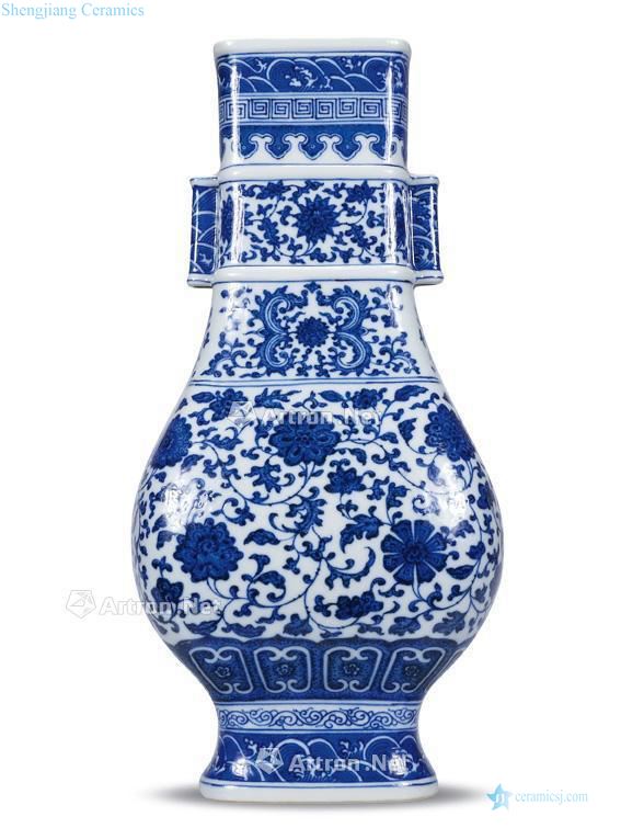 Qing qianlong Blue and white tie up branch lotus flower grain penetration penghu-glance ears