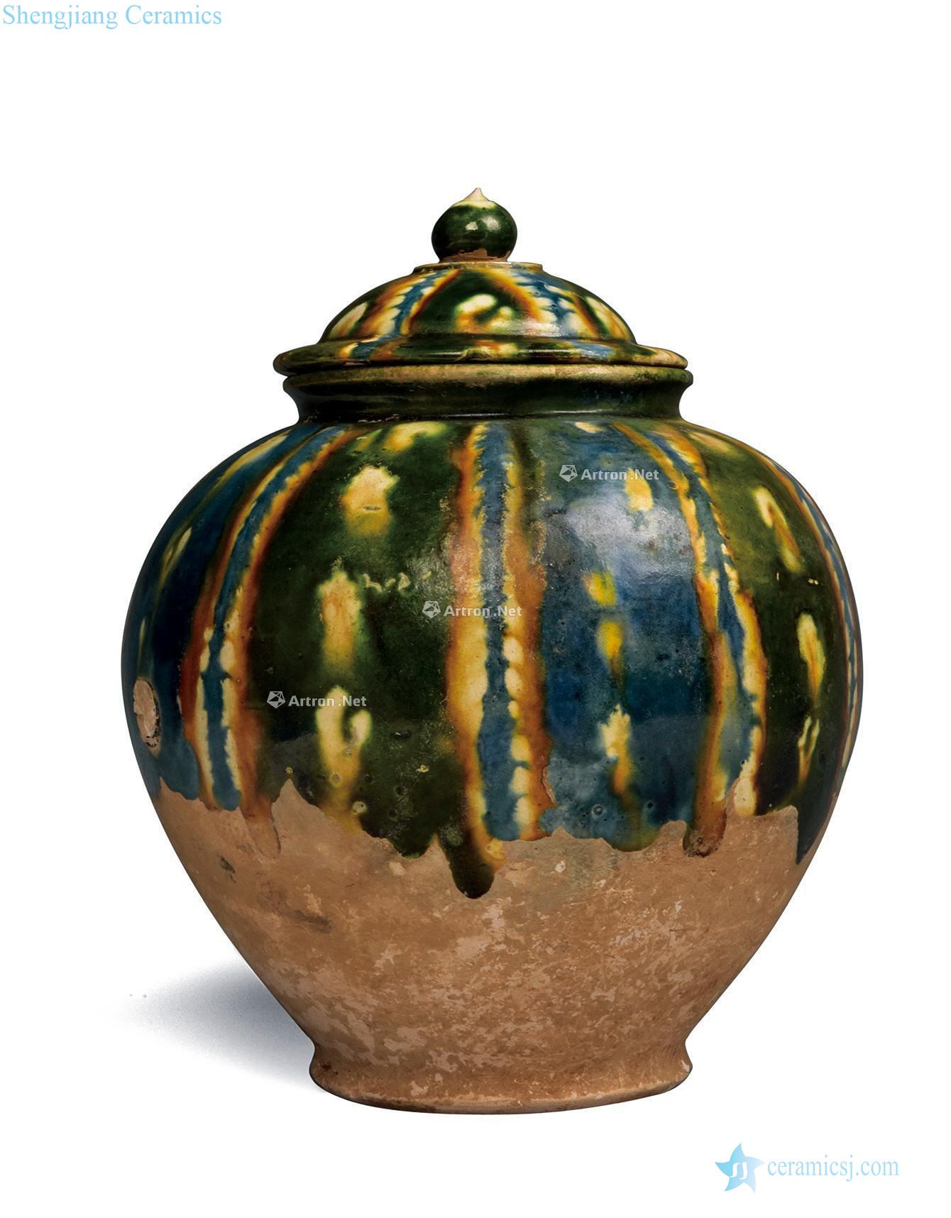 The tang dynasty Three-color hanging blue glaze cover tank