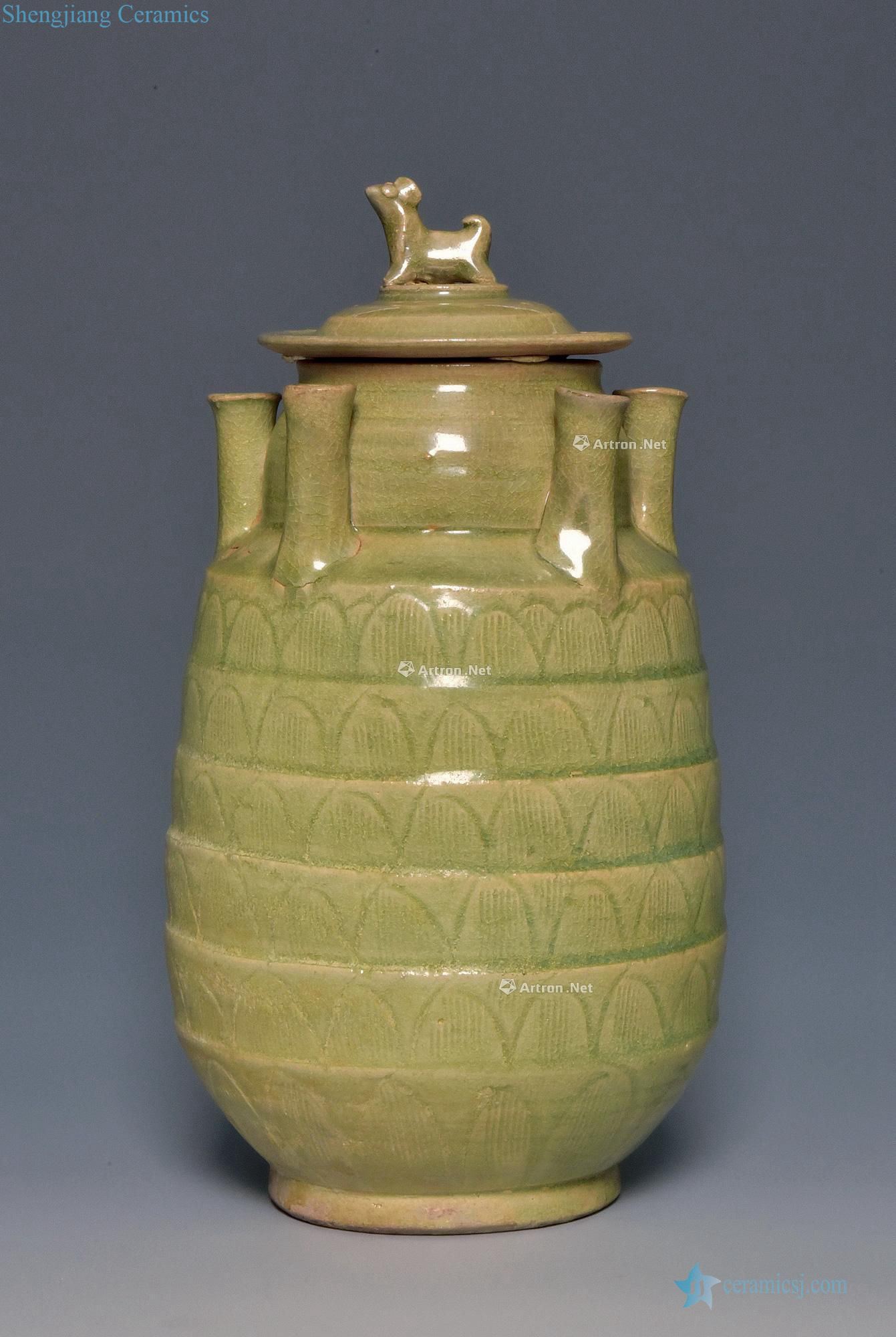Northern song dynasty Longquan celadon green glaze carved five tube bottles