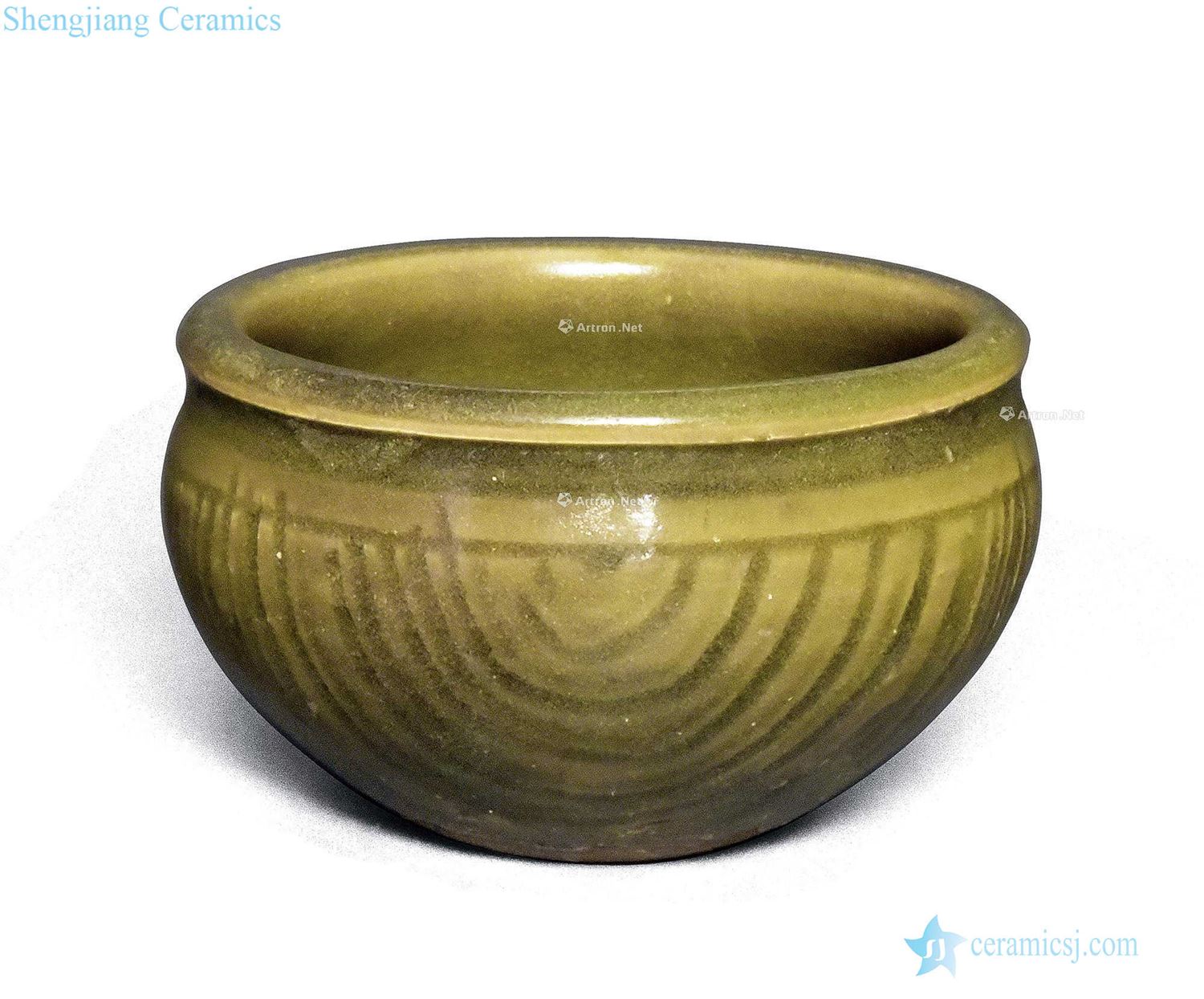 The song dynasty Yao state kiln green glaze hand-cut wicker canister