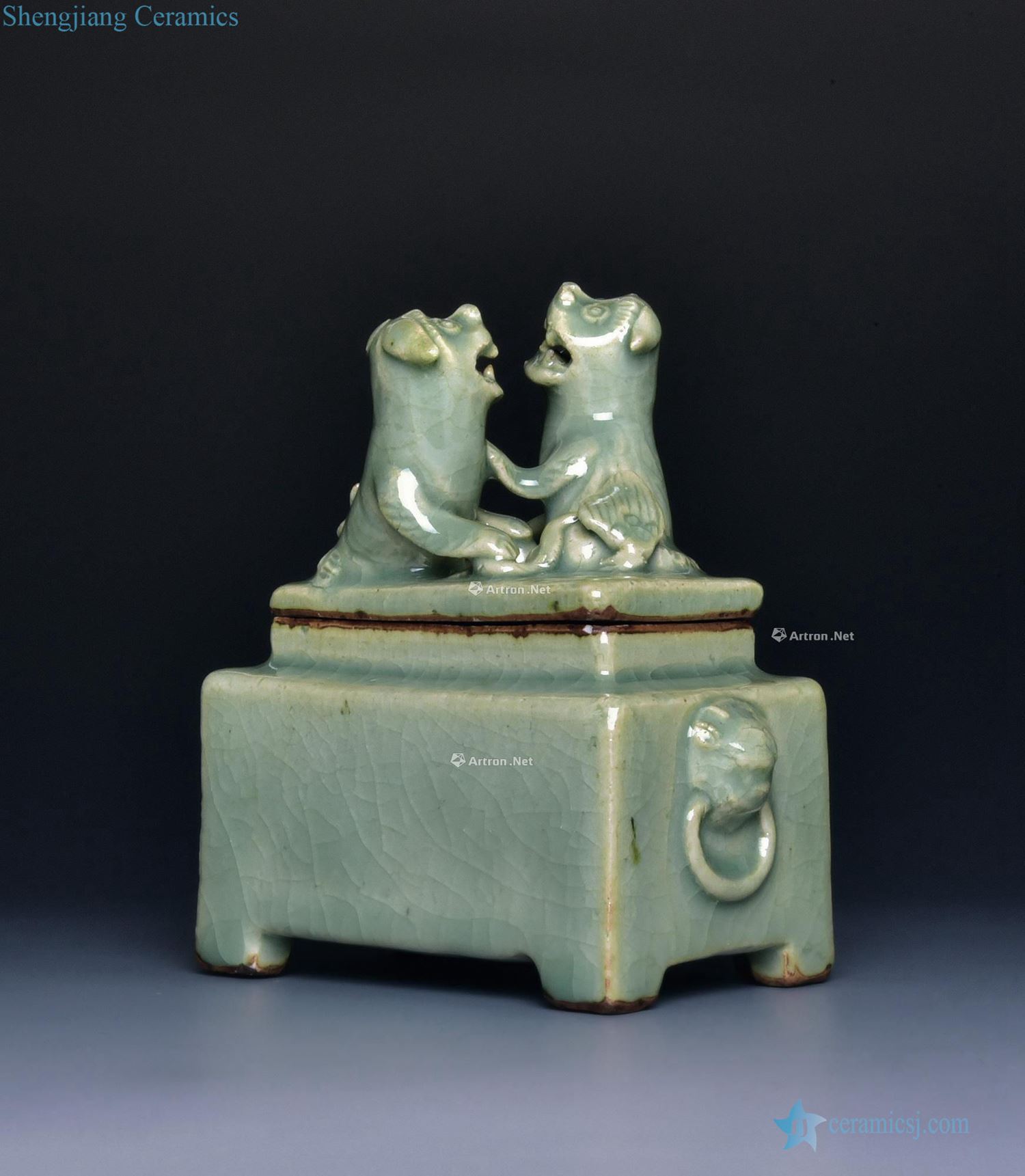 Yuan/Ming Longquan celadon glaze double lion censer