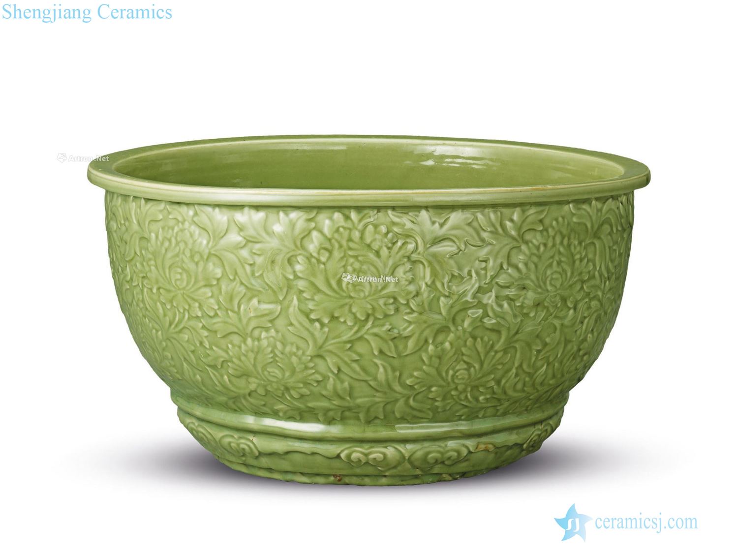 Ming Longquan green glaze carved peony grains big flower pot