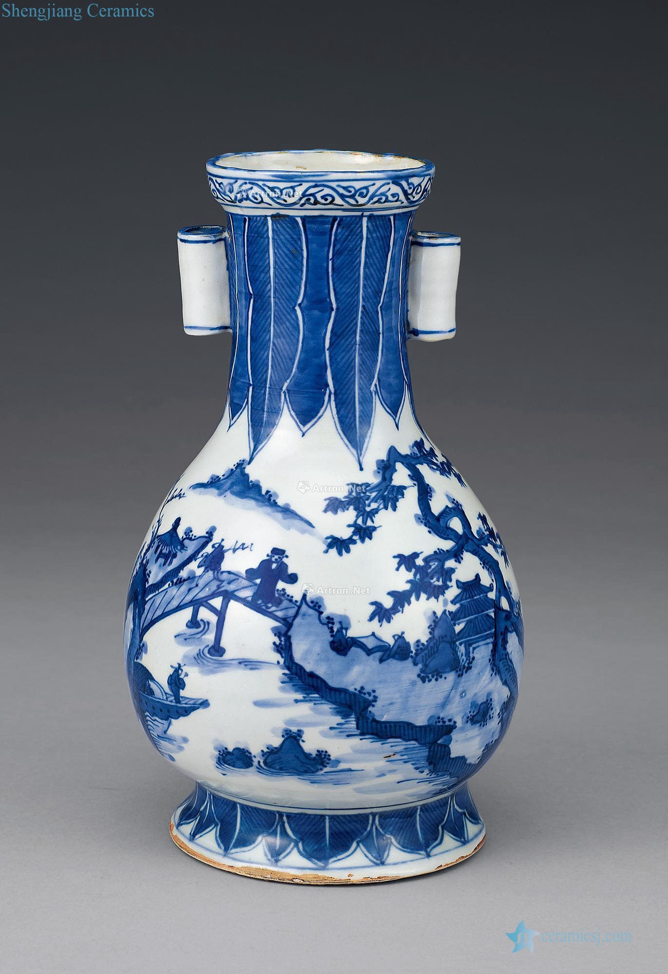 The late Ming dynasty Blue and white landscape pattern penetration ears