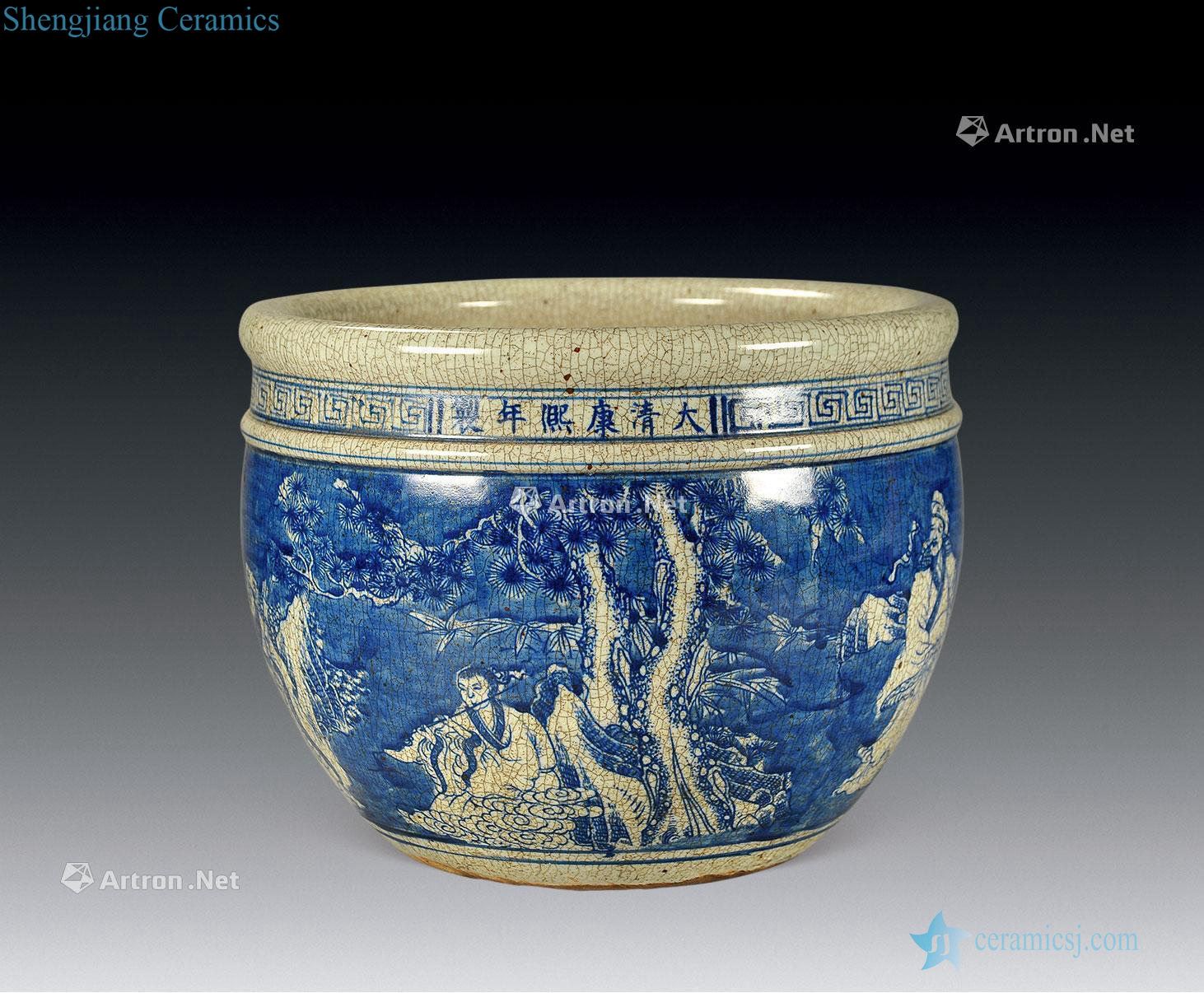 In the qing dynasty blue and white characters cylinder