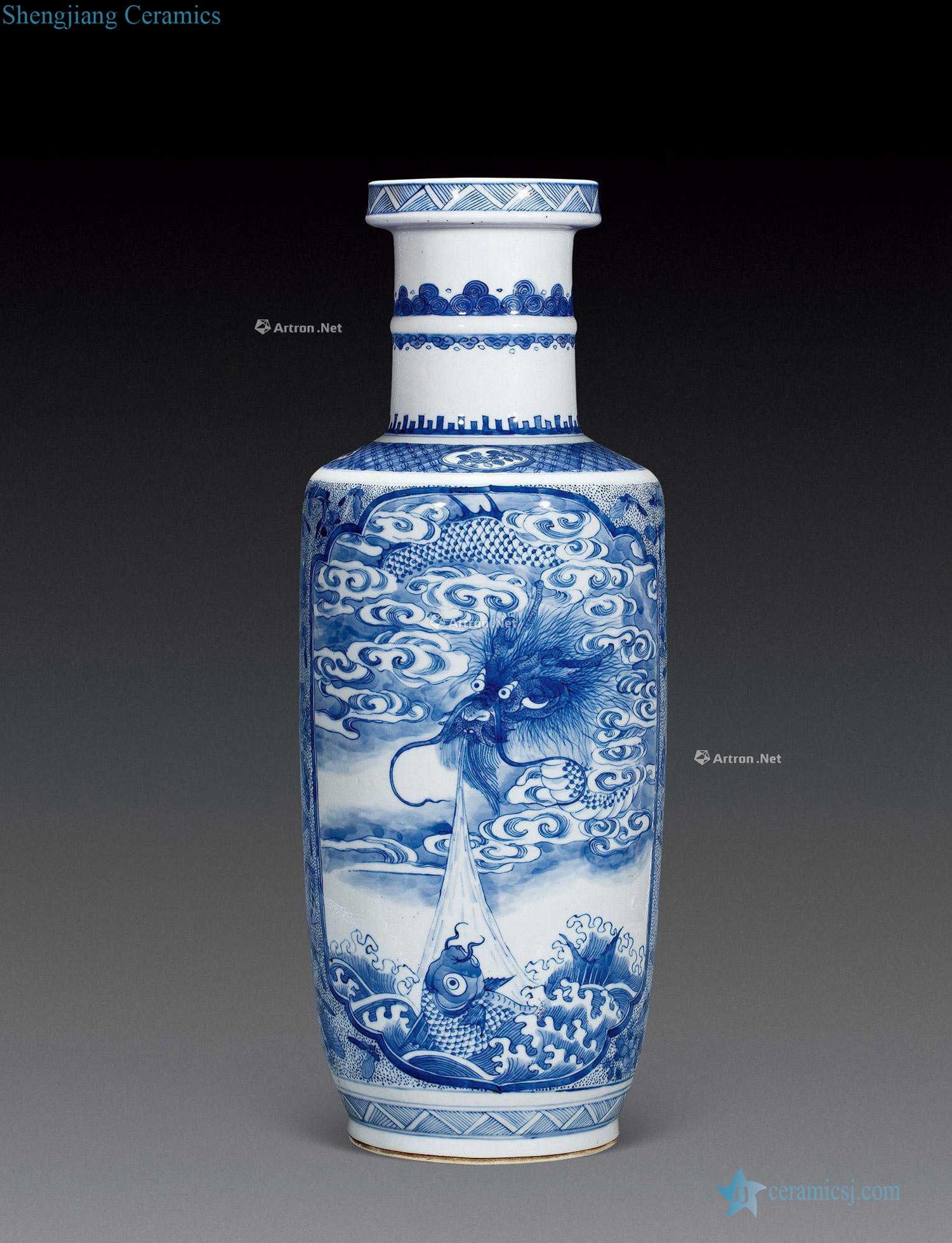 Qing guangxu Blue and white dragon wooden stick