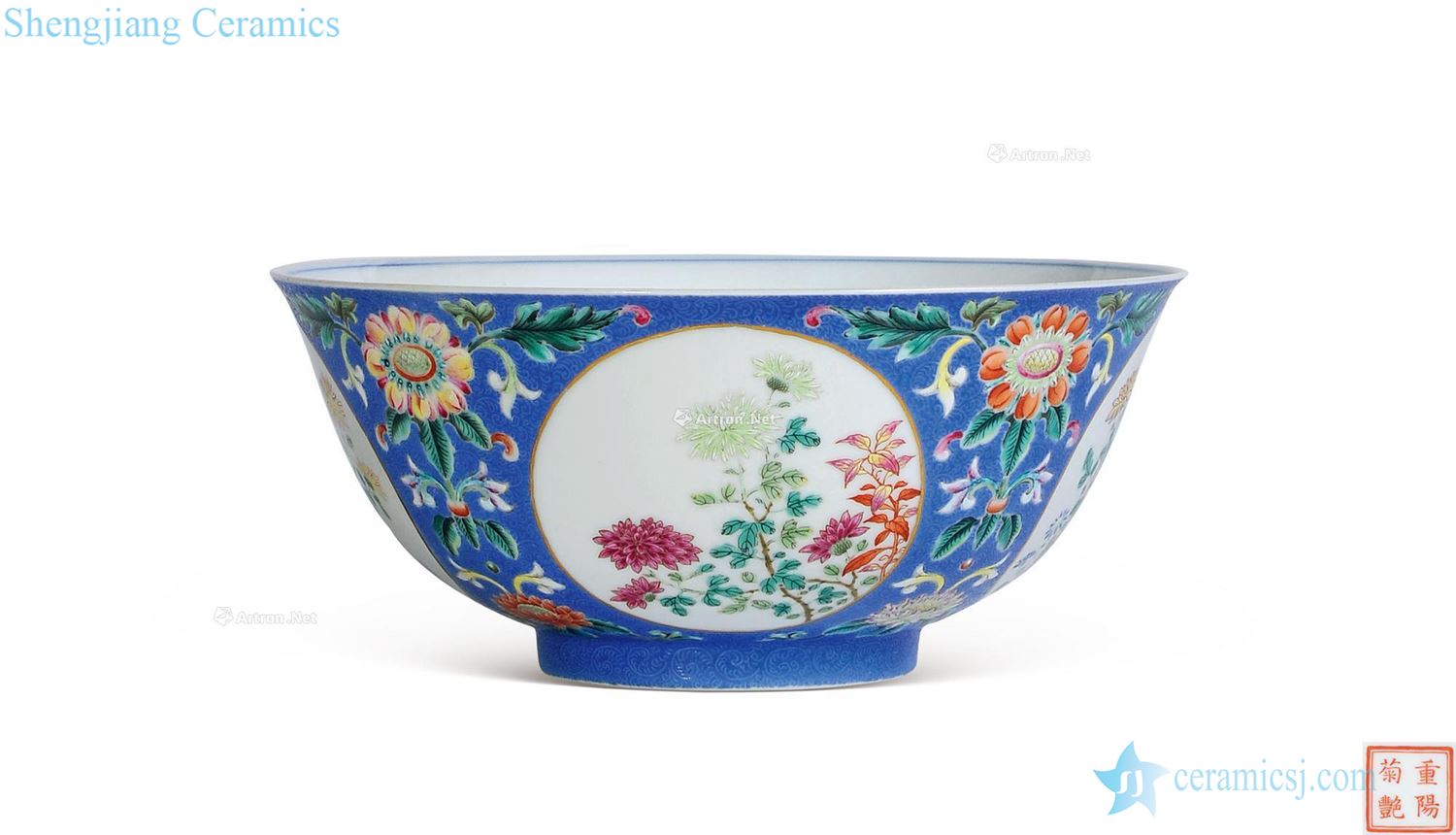 Qing qianlong to rolling way ocean blue color figure bowl "chongyang chrysanthemum yan"