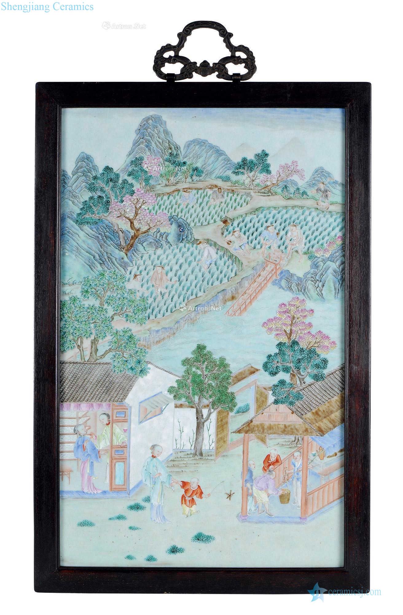Qing qianlong/jiaqing famille rose porcelain plate hanging panel "plow weave diagram"