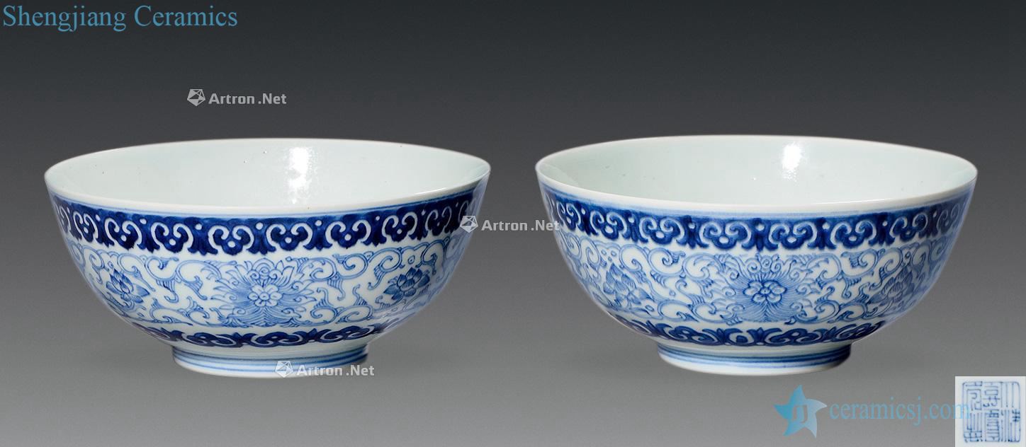 qing Blue and white tie up branch lotus green-splashed bowls (a)