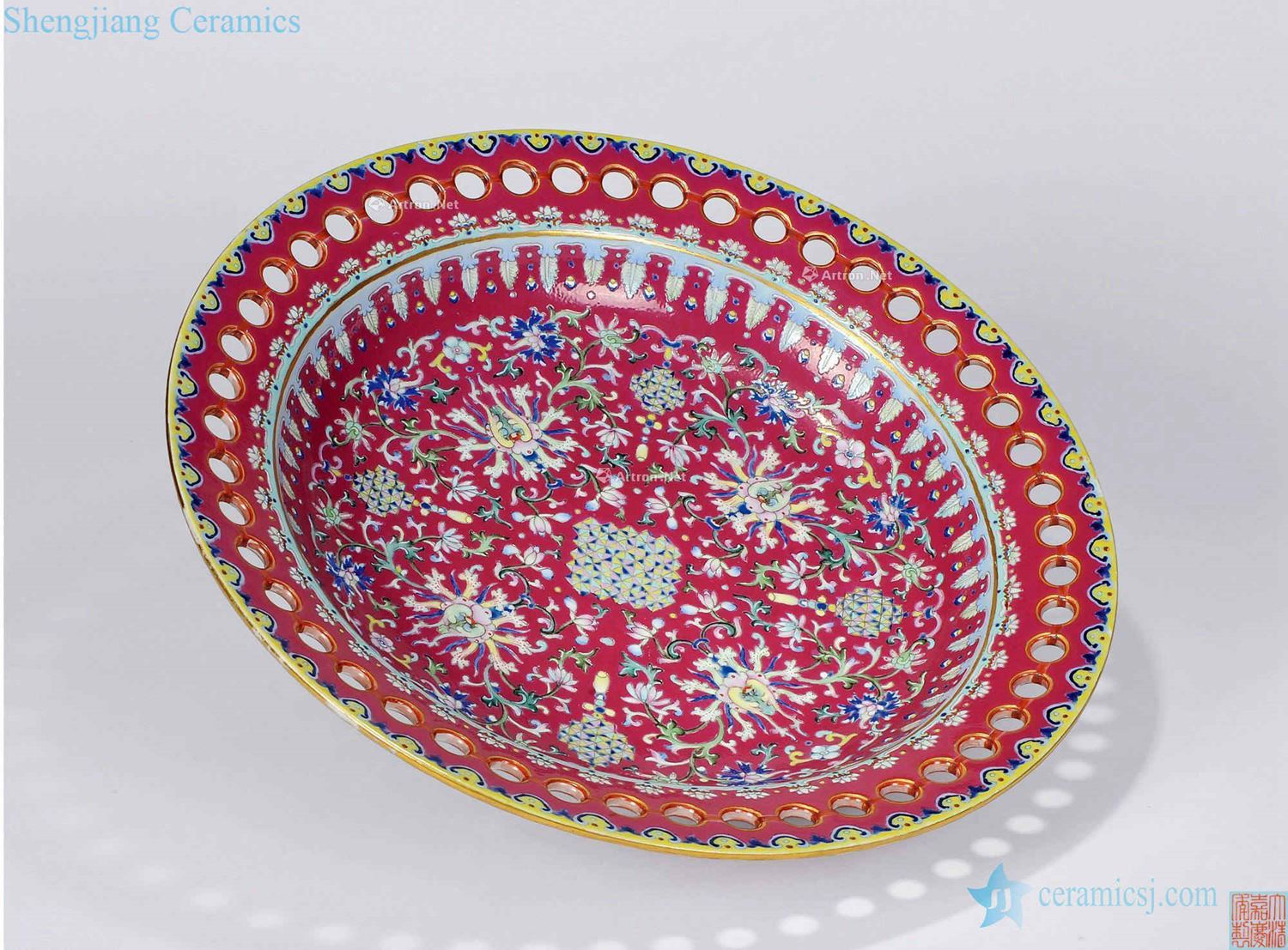 Qing jiaqing To powder enamel rouge purple sweet lotus lines hollow out fold along for plate