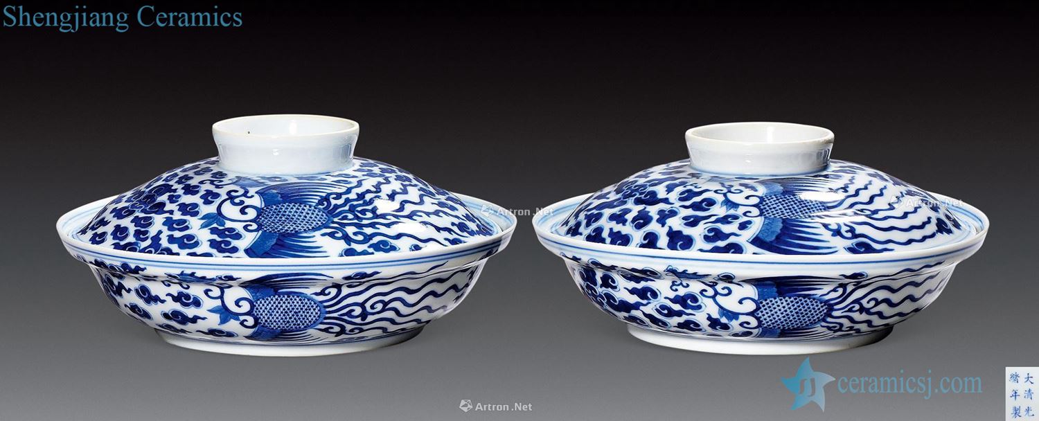 Qing guangxu Blue and white double phoenix grain tureen (a)