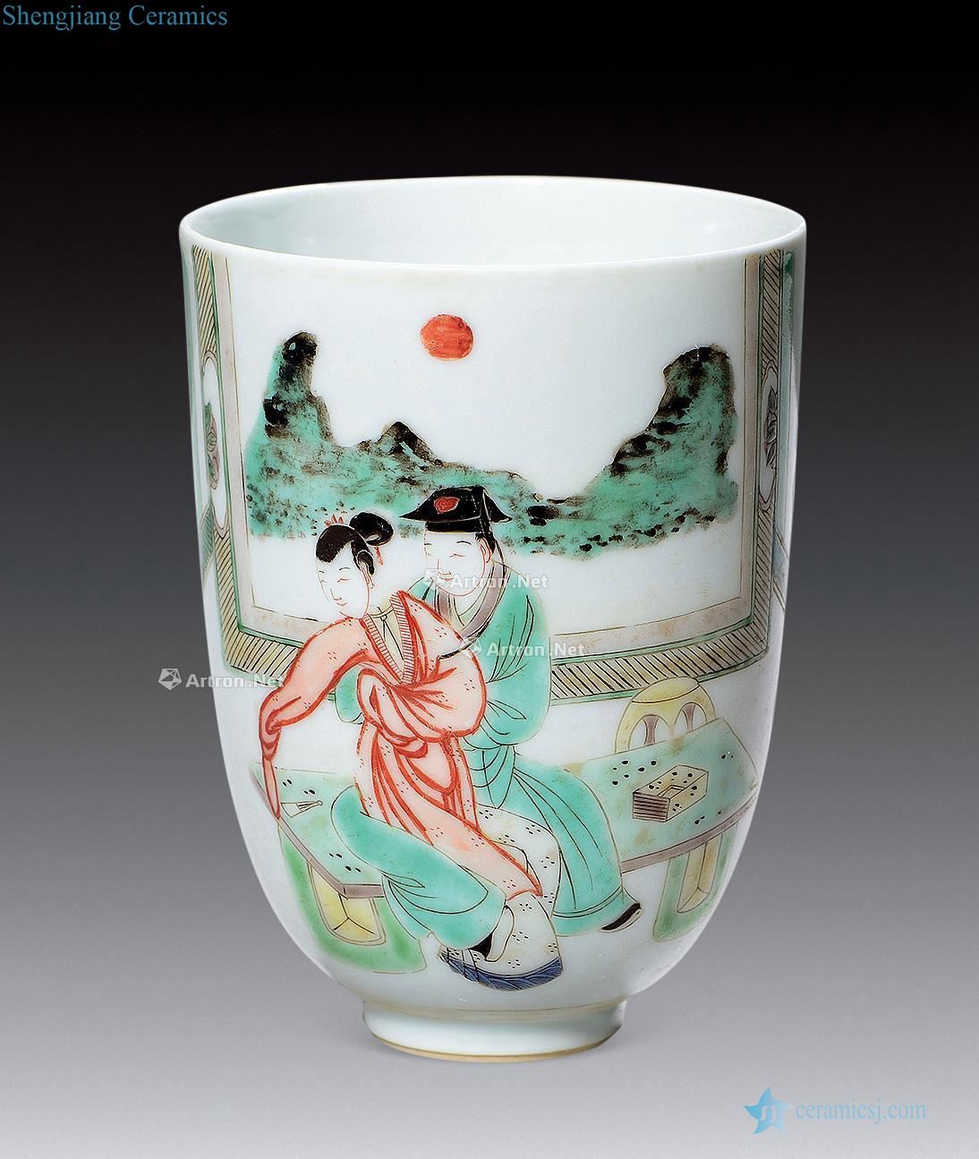 Qing grain bell cup colorful garden characters