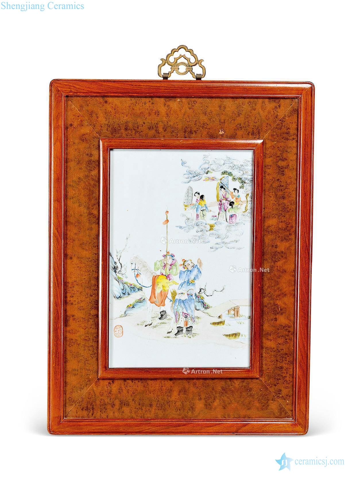 Clear the famille rose porcelain plate characters even a wooden frame