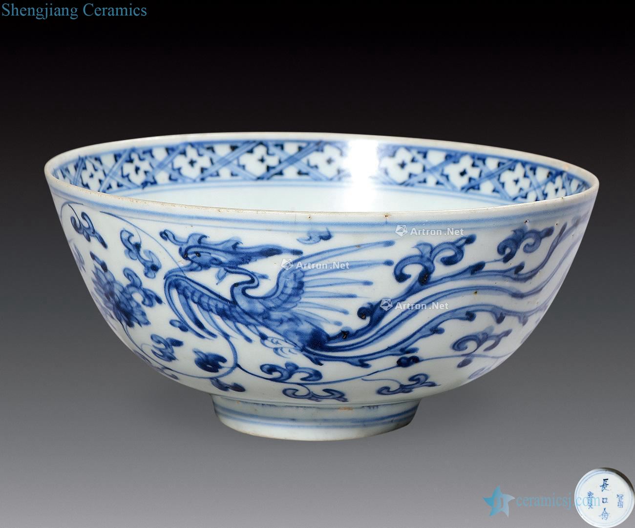 Ming Blue and white double phoenix grain big bowl