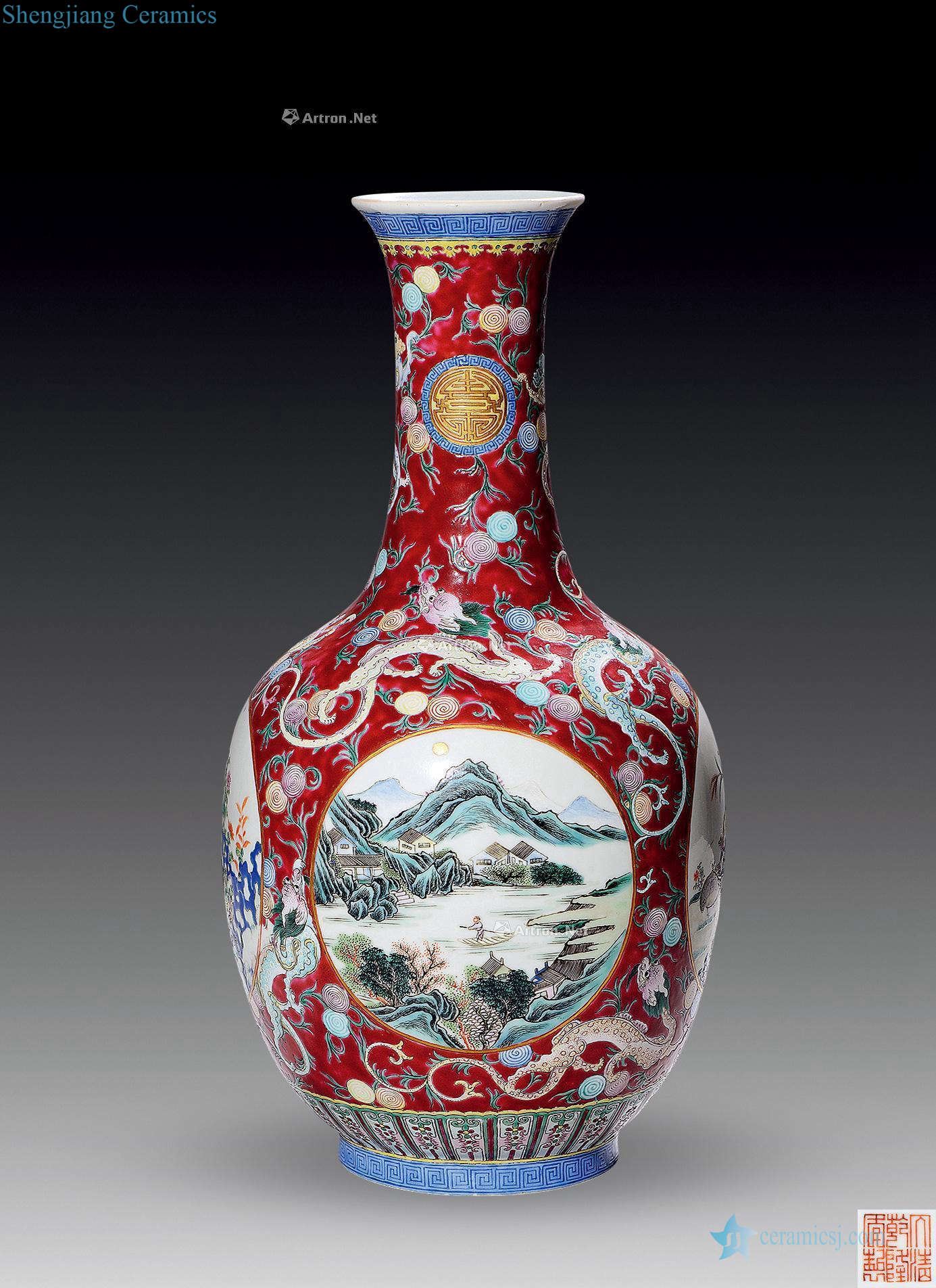 Qing carmine medallion in pastel landscape painting of flowers and grain bottle