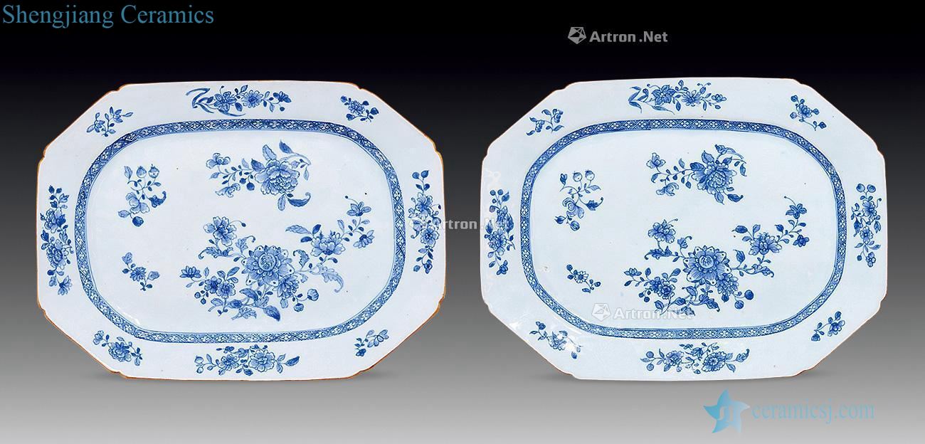 qing Blue and white flowers oblong bonobo Angle plate (a)