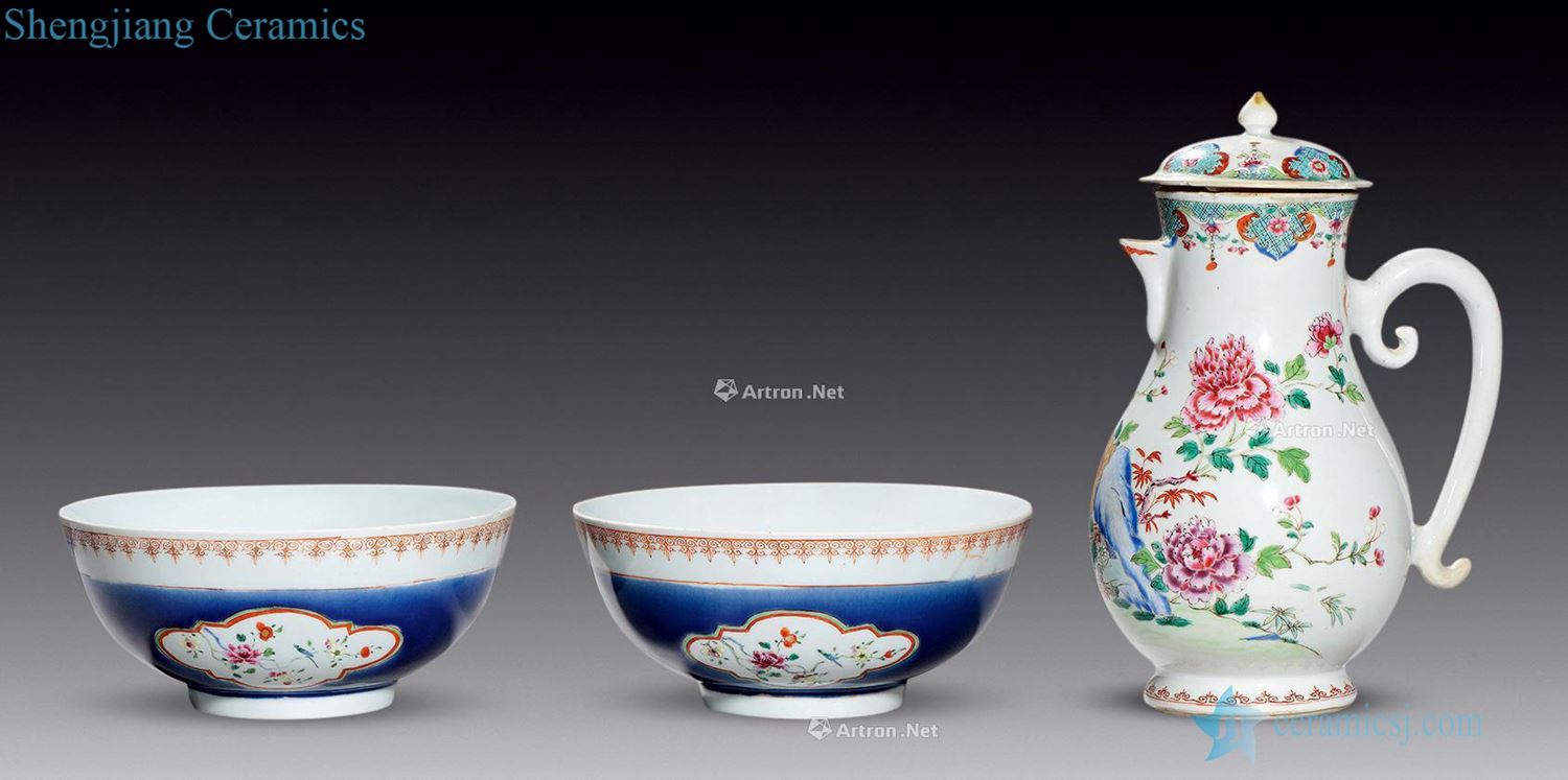 Clear blue glaze medallion enamel bowls a pair, pastel flower pot