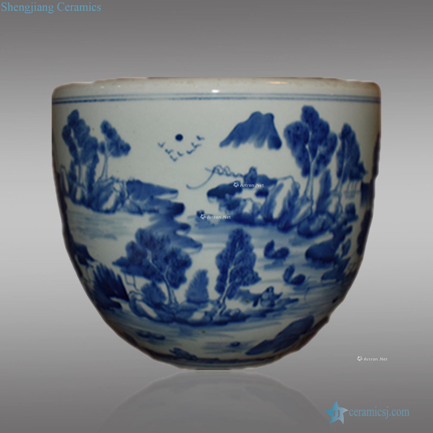 qing Blue and white landscape character story cylinder
