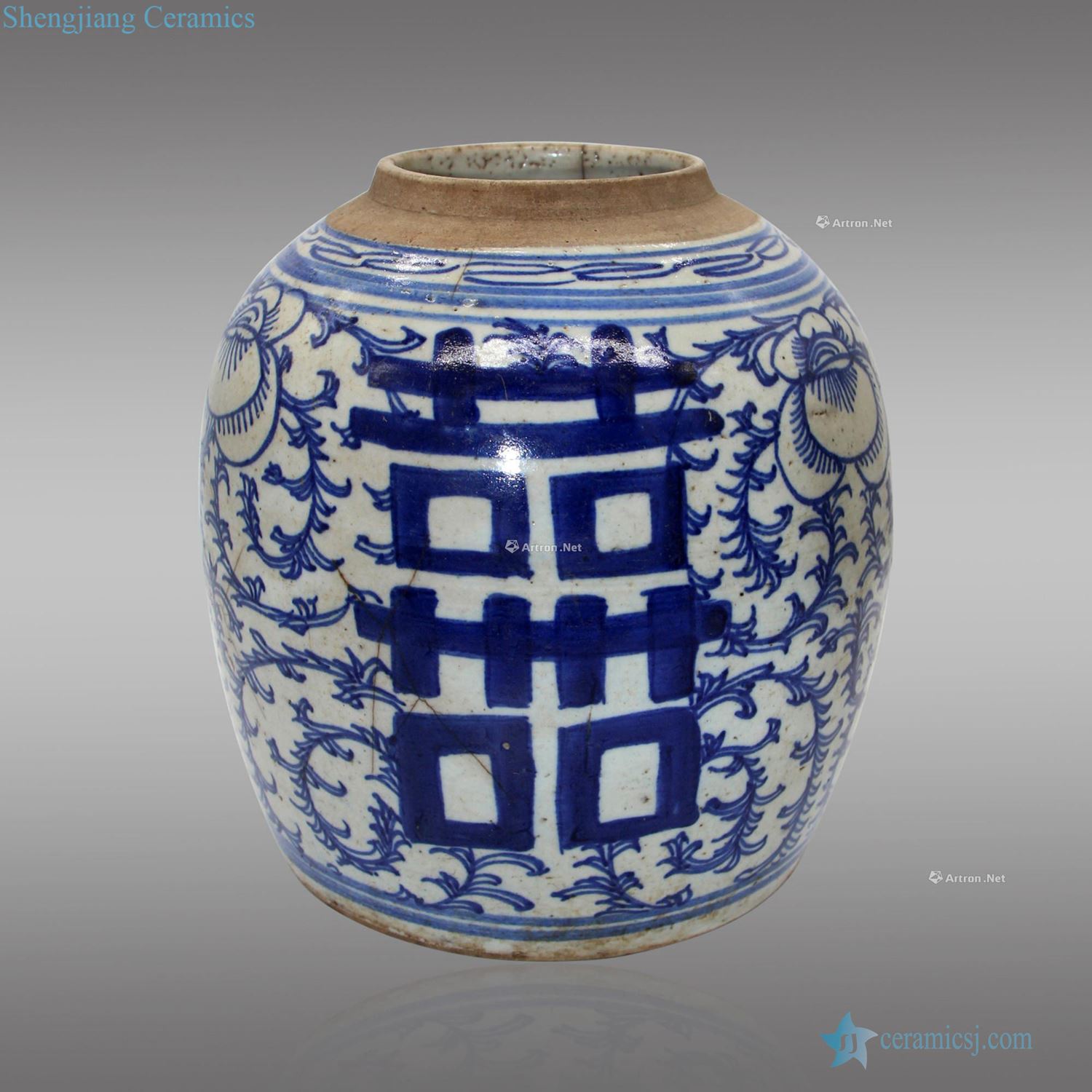 In late qing Blue and white tie up branch flowers lines happy character