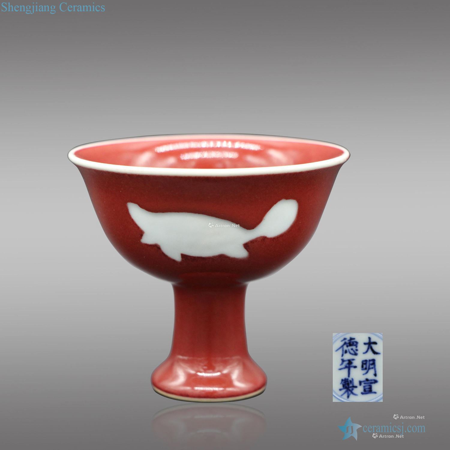 Ming Red glaze white mandarin fish grain footed cup