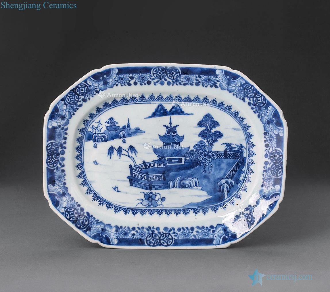 Qing qianlong Blue and white far scenery landscape lines 8 square plate