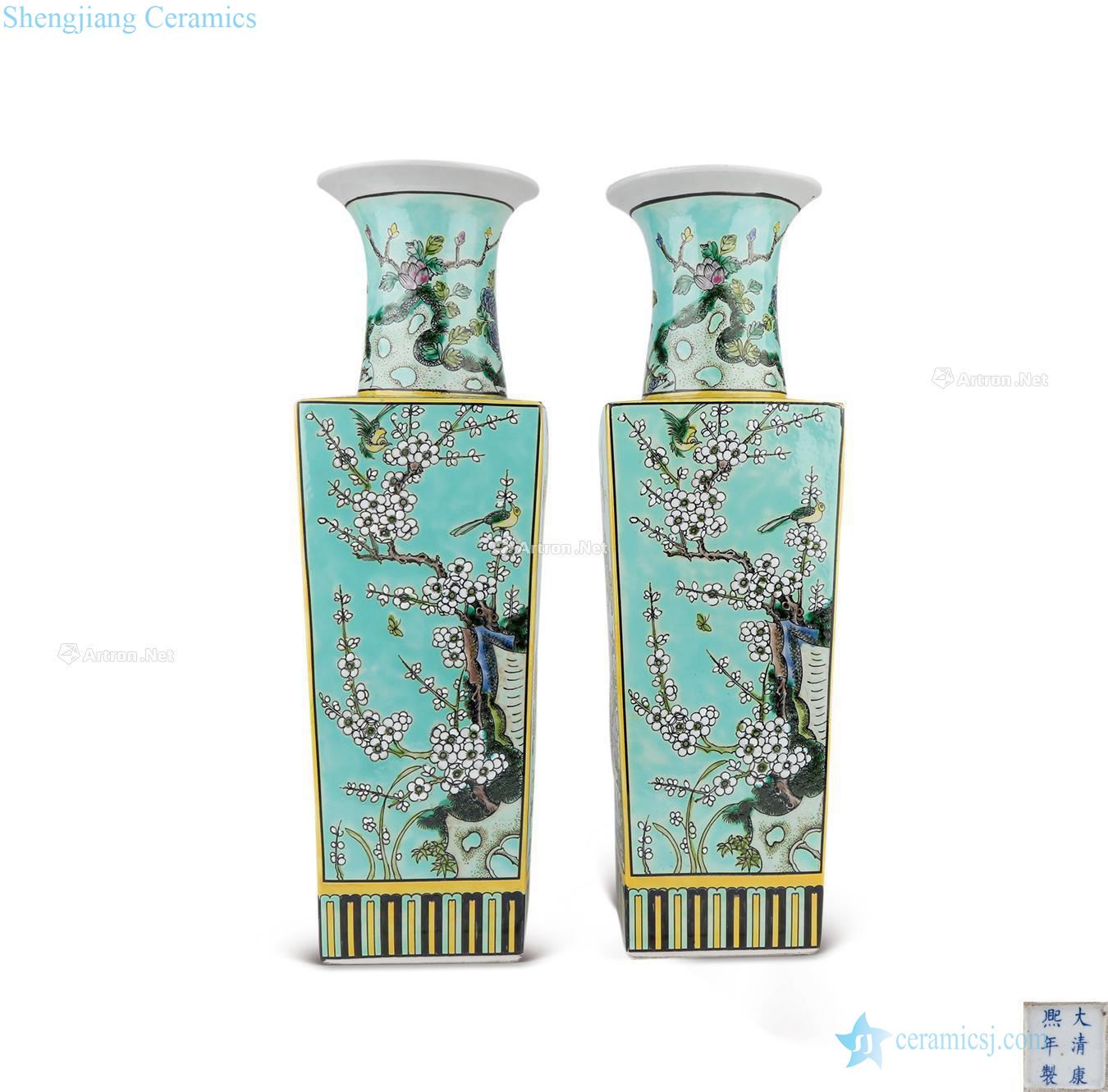 qing Turquoise glaze colorful flower grain square bottle (a)