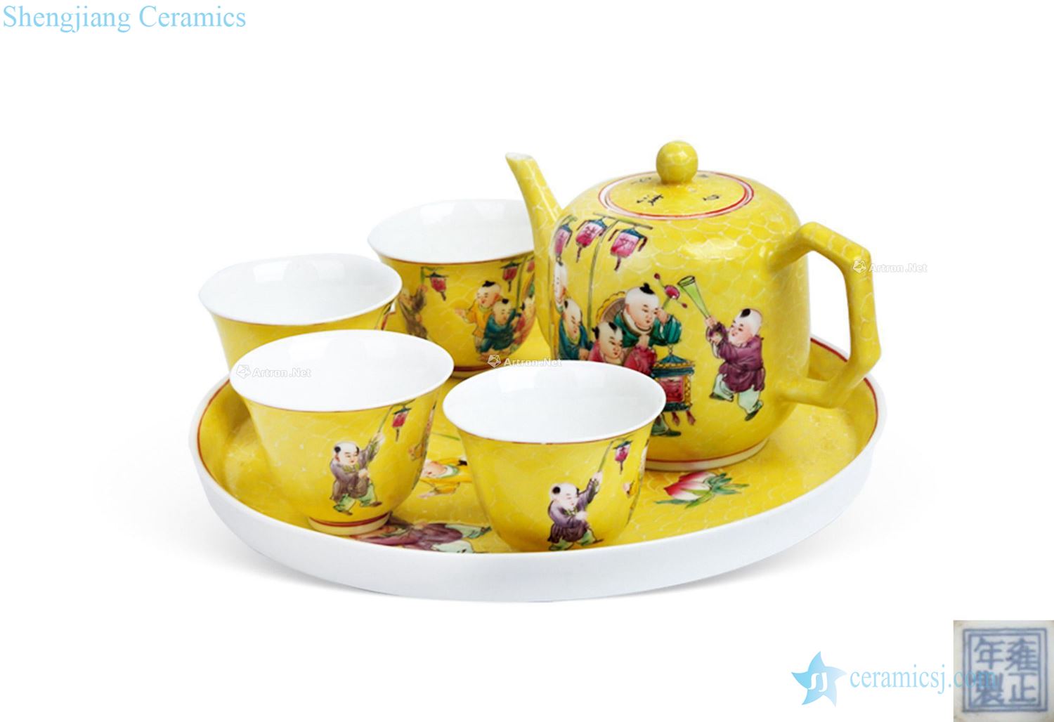 Yellow powder enamel baby play figure (pot, cup, tora, tea set) (a)