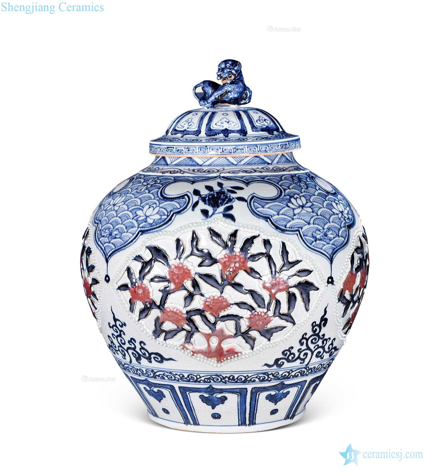 yuan Blue and white plastic lion button cover pot youligong medallion