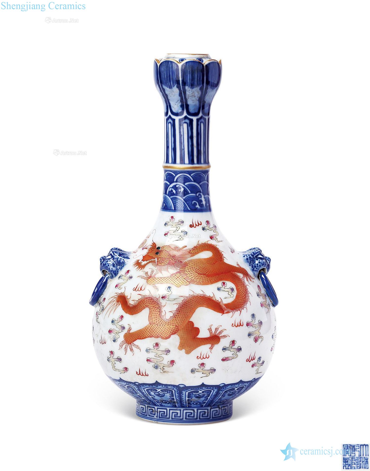 Qing dynasty blue and white enamel paint YunLongWen double auxiliary bottle first