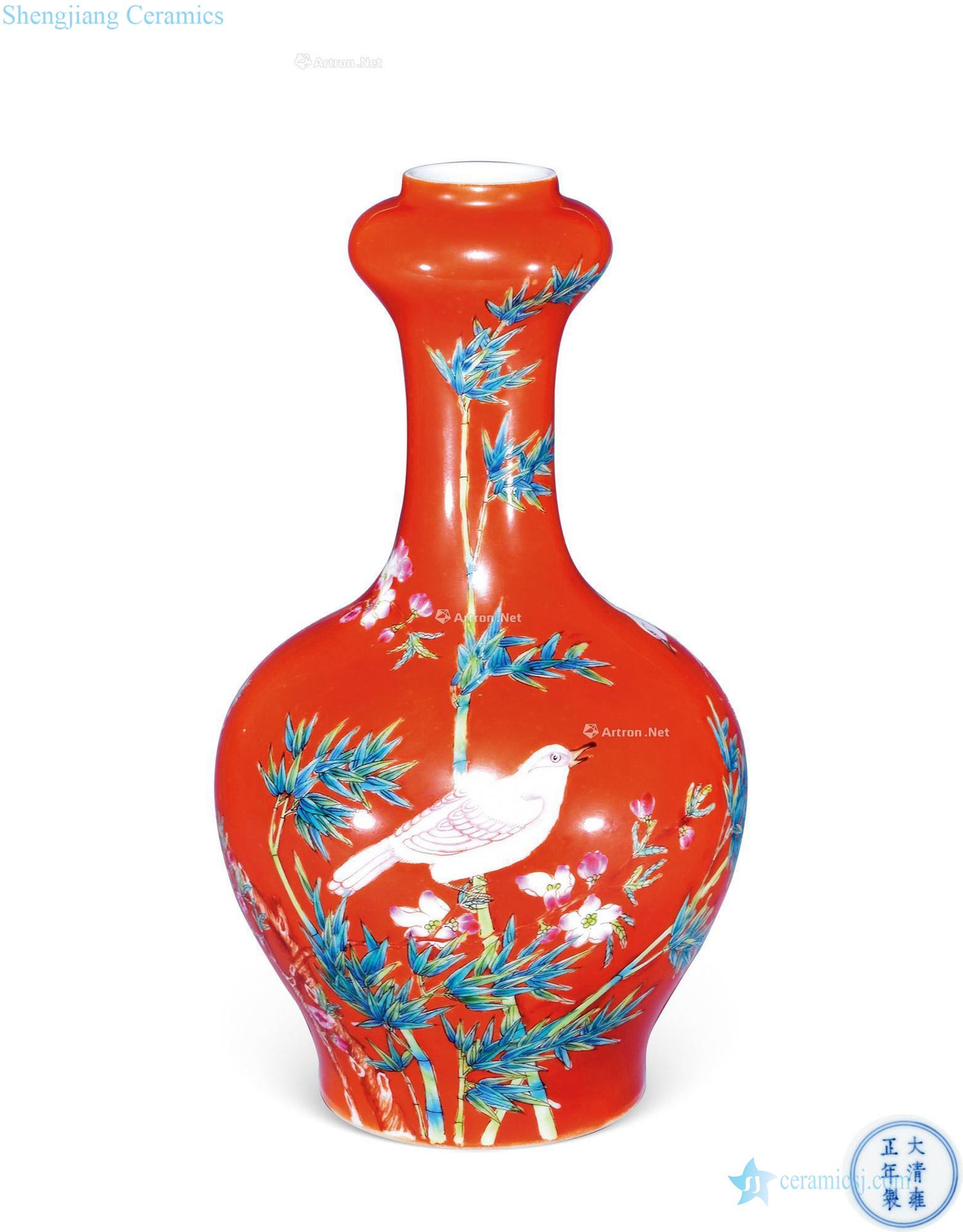 Alum red enamel bamboo bird patterns garlic bottle