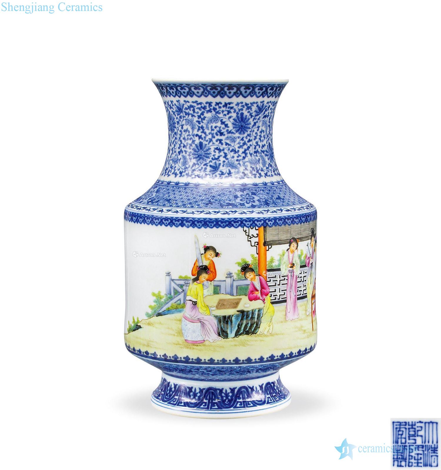 qing Blue and white enamel figure lantern maid to play chess