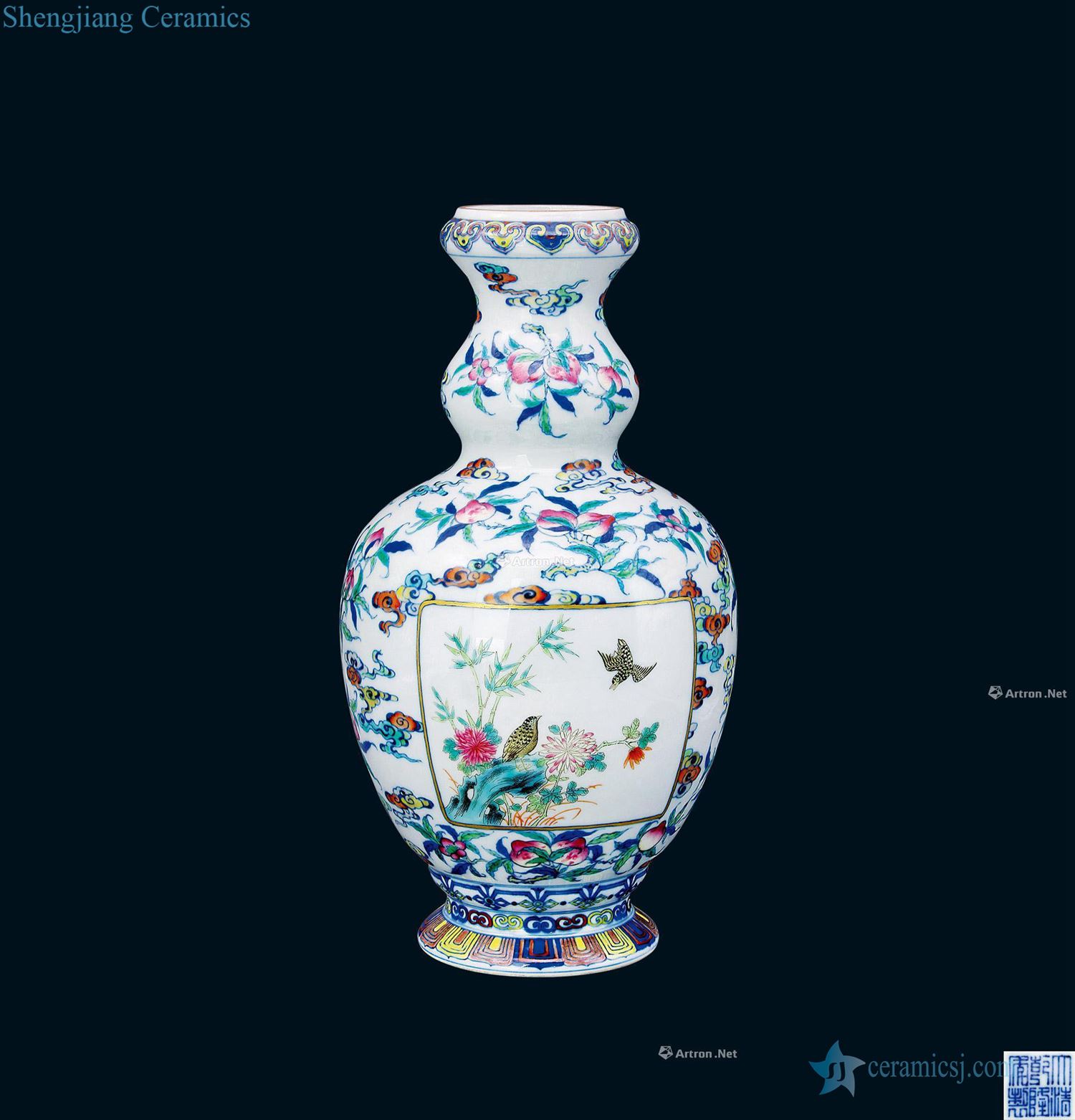 Qing dynasty blue and white color bucket three GuoYun bird patterns dish buccal bottle
