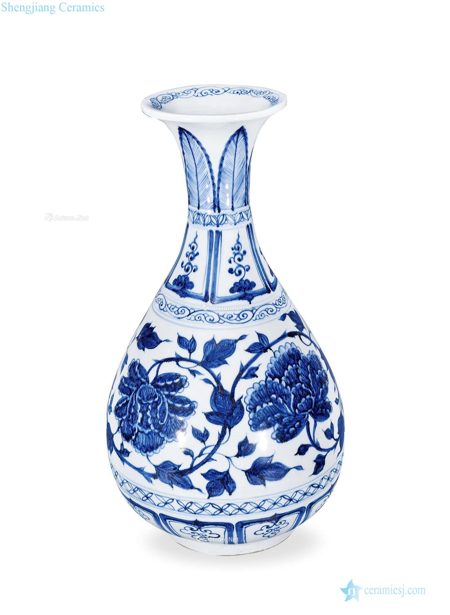 Early Ming dynasty Blue and white peony lines okho spring bottle