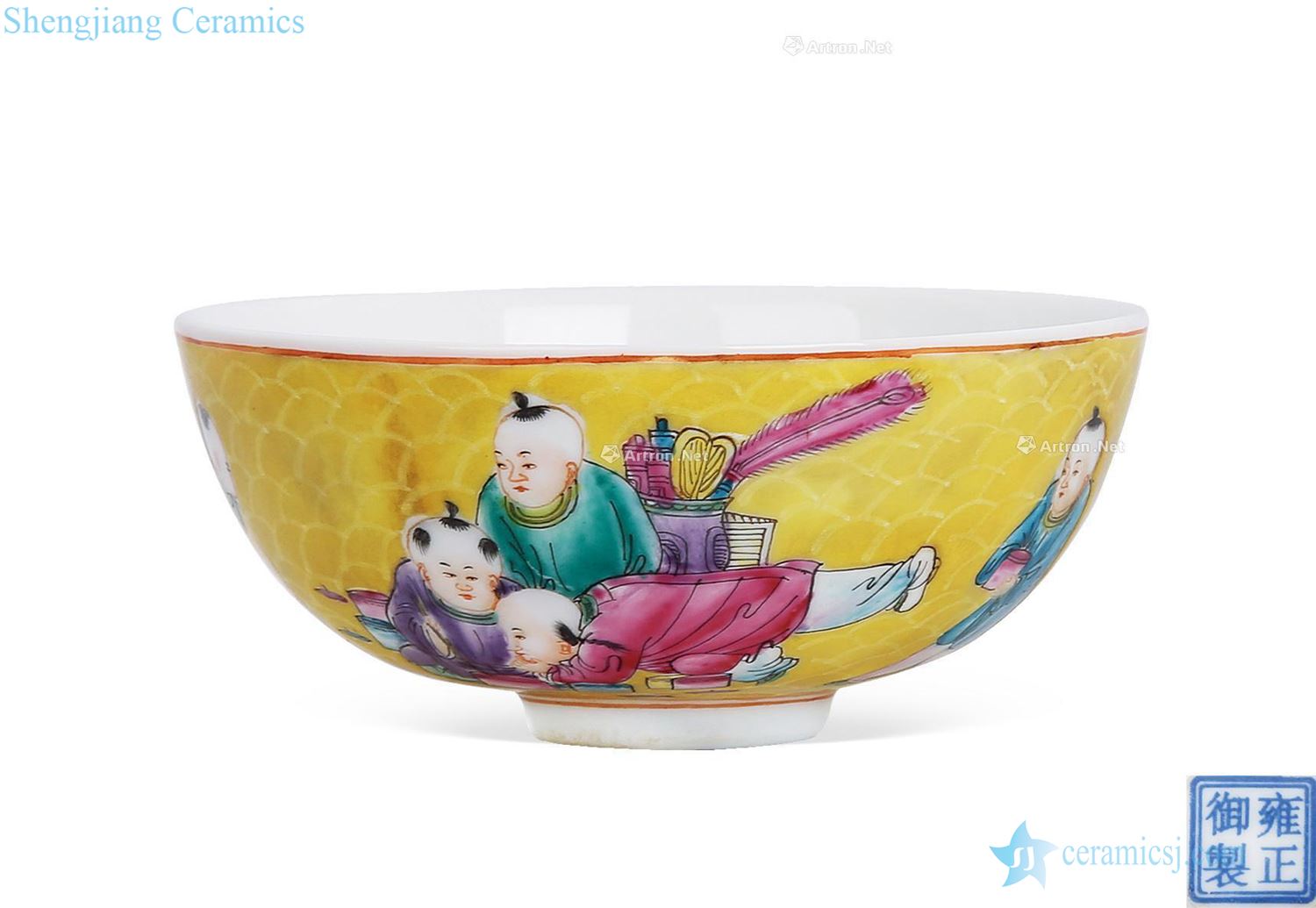 Yellow powder enamel baby play figure exposure to bowl