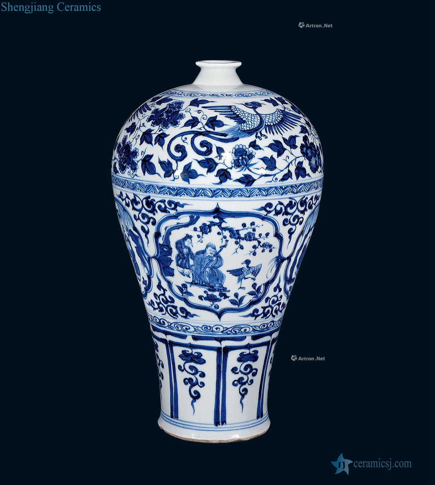 yuan Blue and white four plum bottle love grain