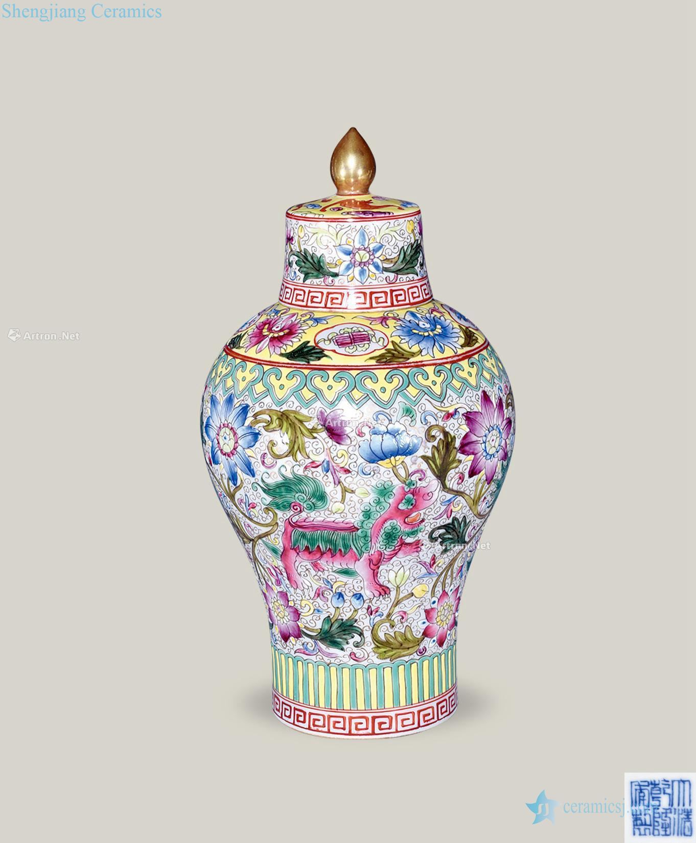 Pastel flowers lion wen qing mei bottle with a cover on it