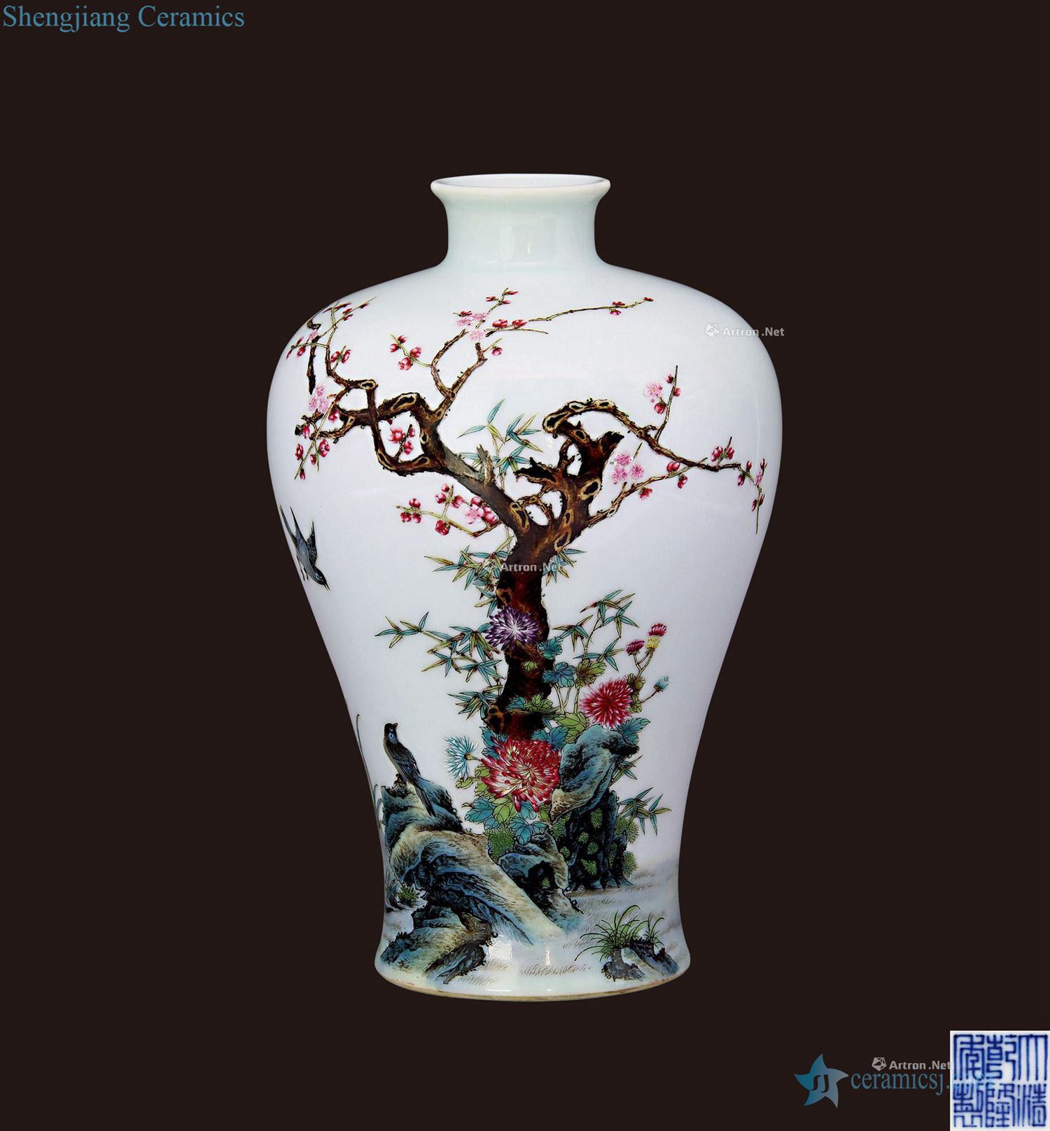 Clear pastel landscape painting of flowers and grain mei bottle tree