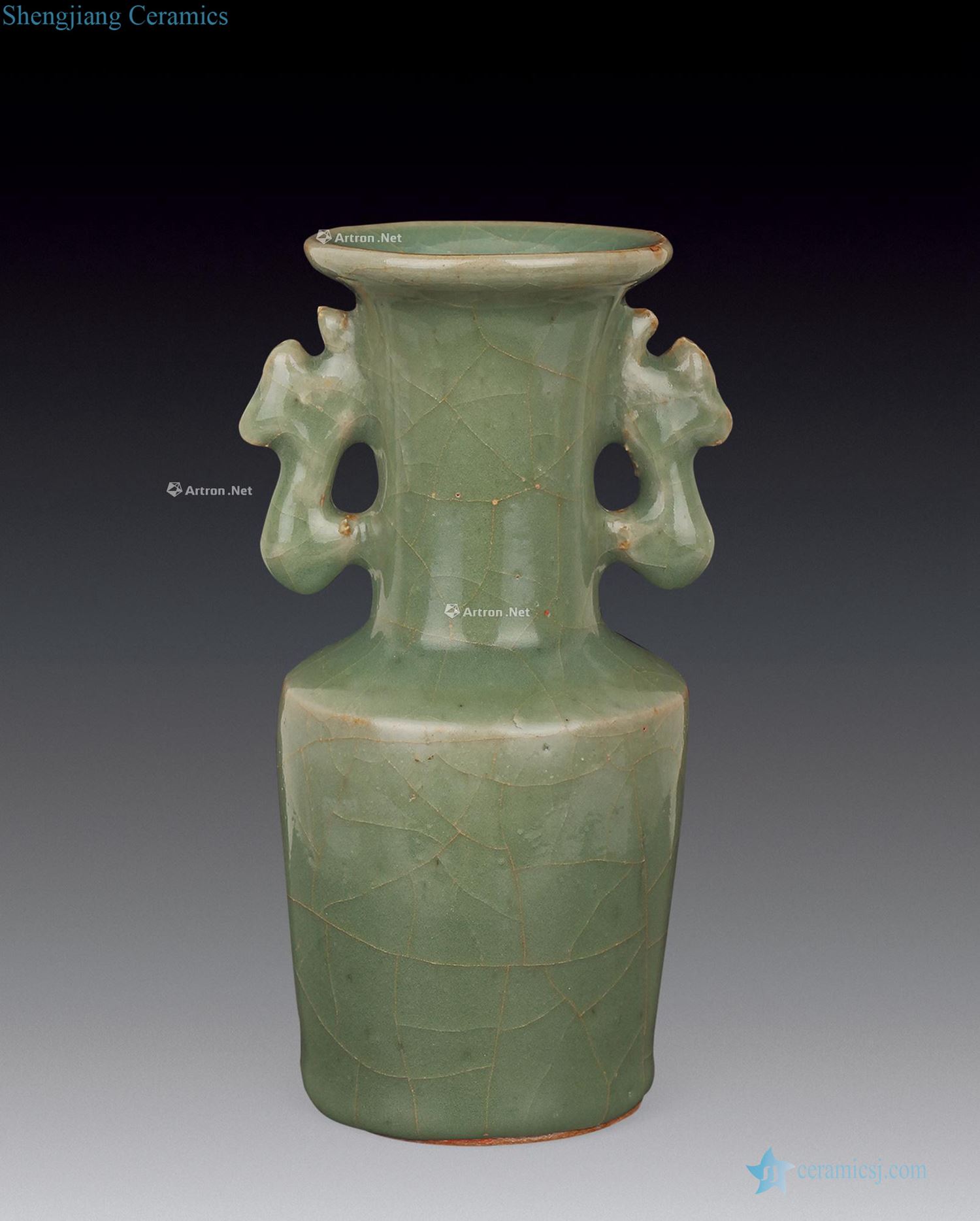 Ming or earlier Longquan celadon ears paper mallet bottle