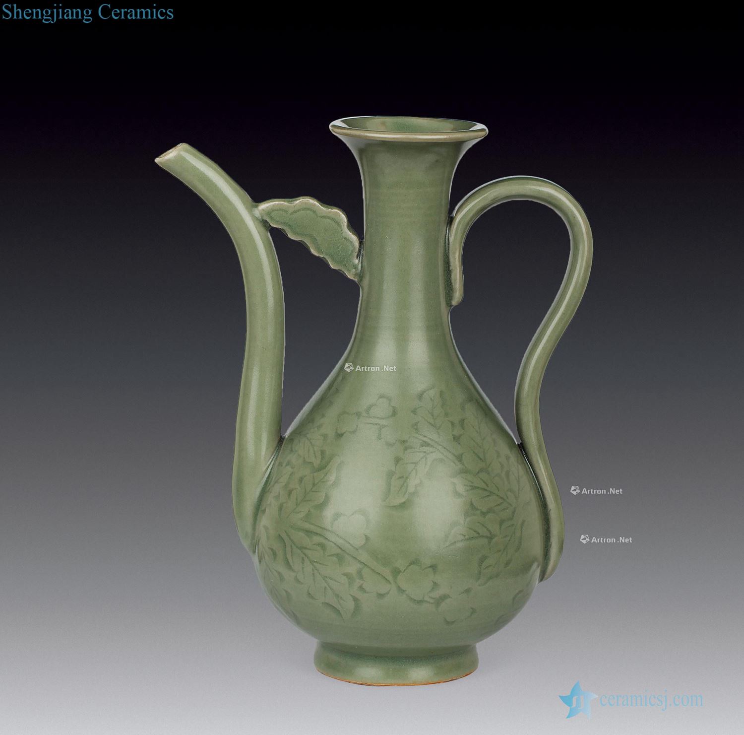 Early Ming dynasty Longquan celadon hand-cut ewer