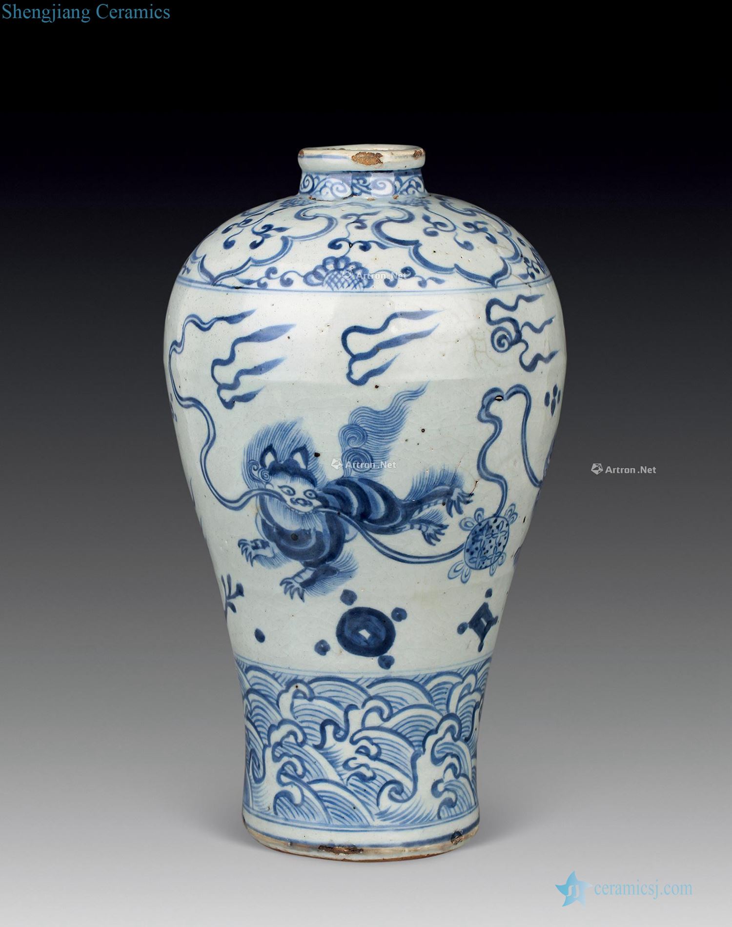 Ming dynasty Blue and white lion ball grain mei bottle