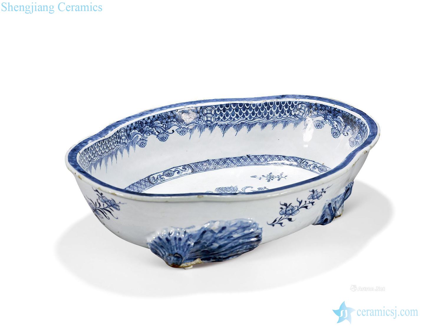 Qing qianlong Blue and white flower grain narcissus basin