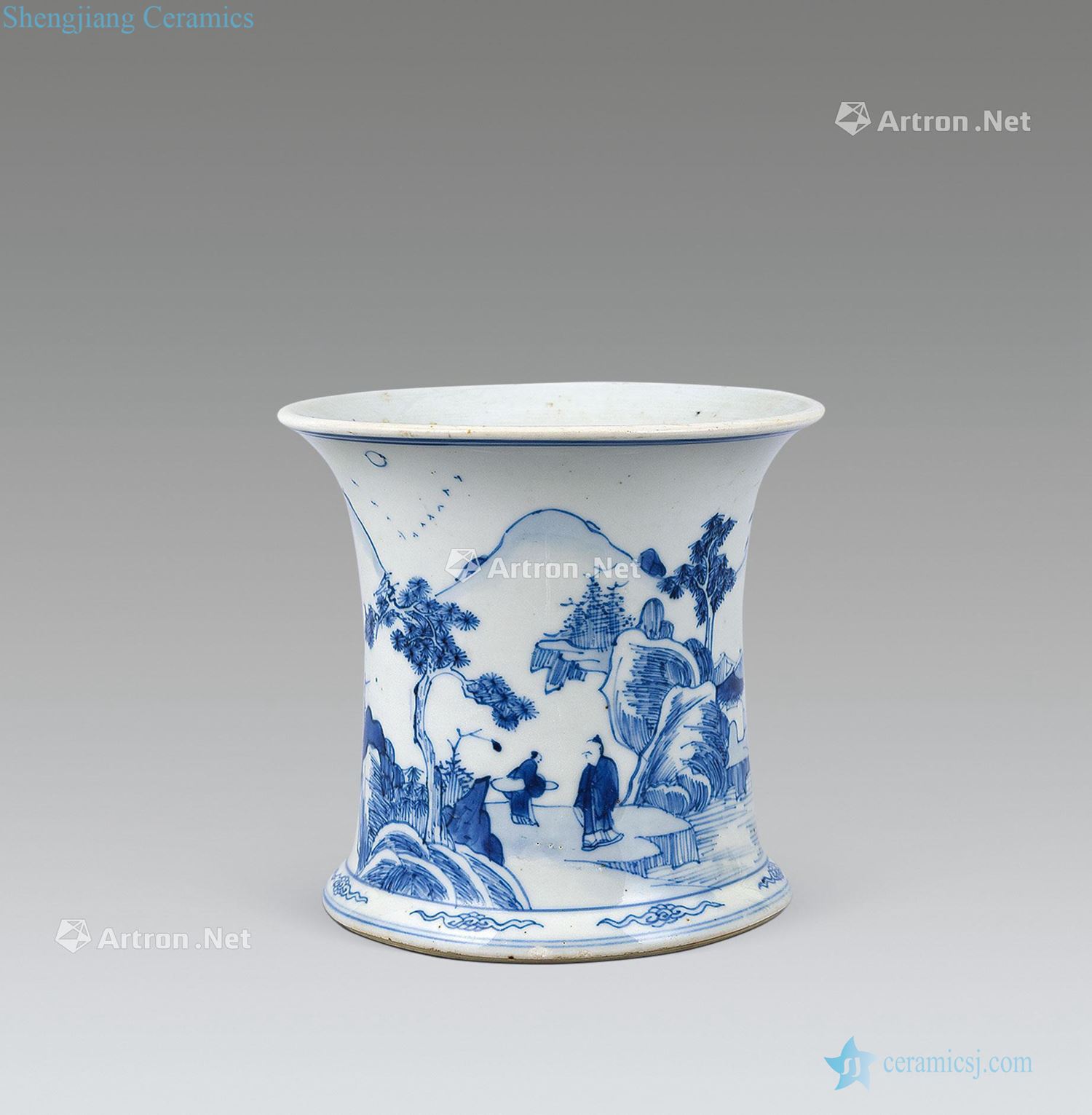 The qing emperor kangxi Blue and white landscape character brush pot