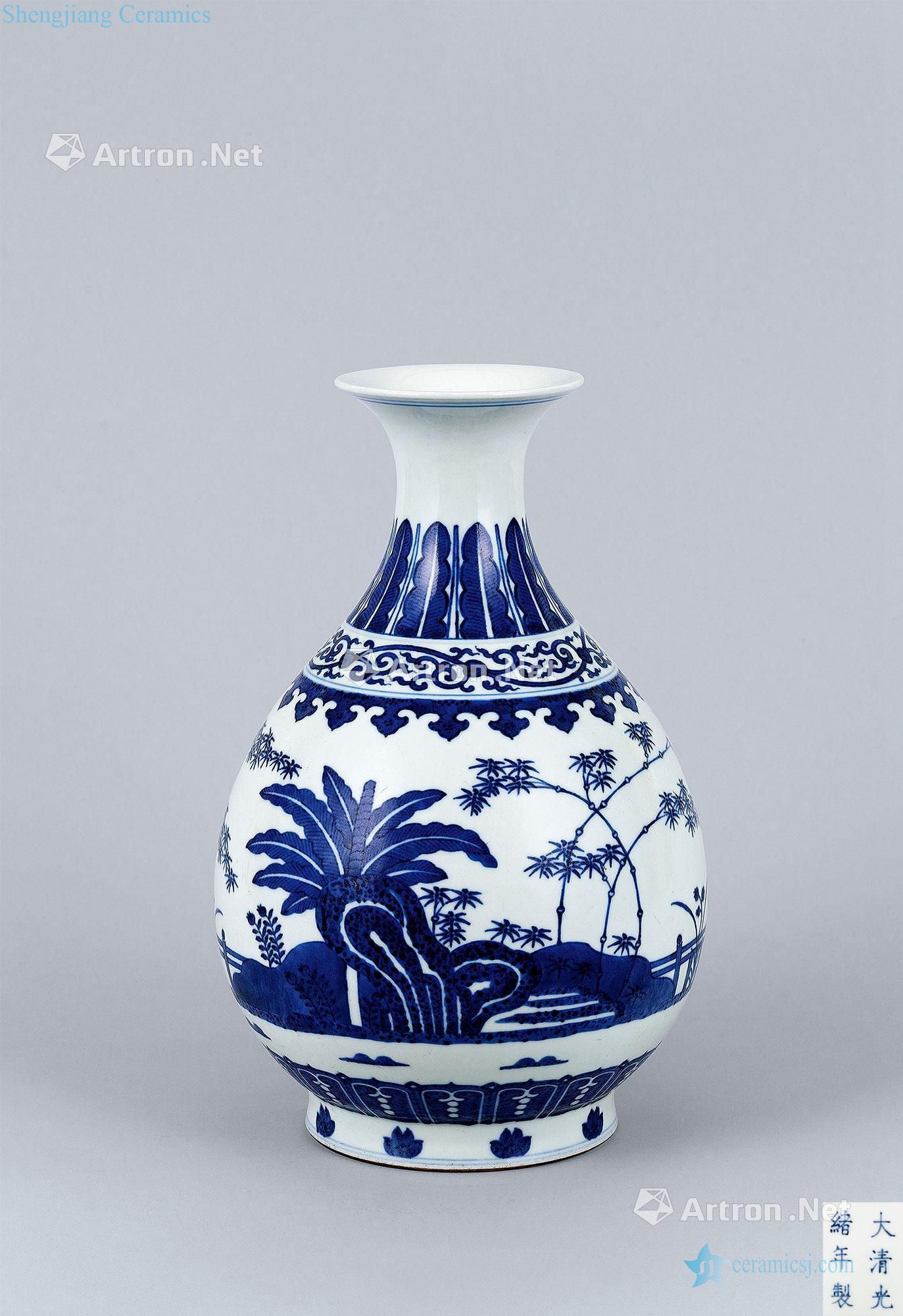 Qing guangxu Blue and white bamboo garden stone plantain okho spring bottle